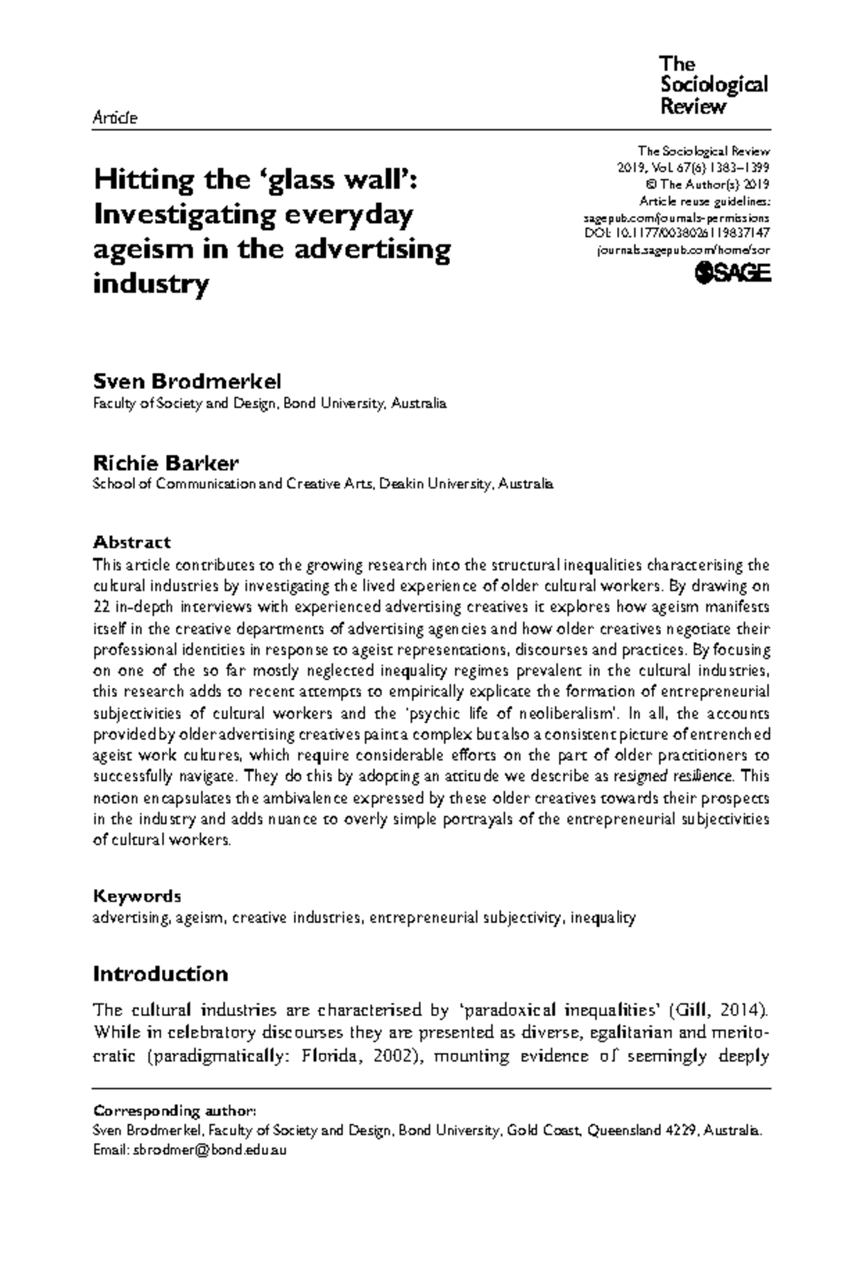 Hitting the ‘glass wall’ doi/10.1177/ The Sociological Review 2019