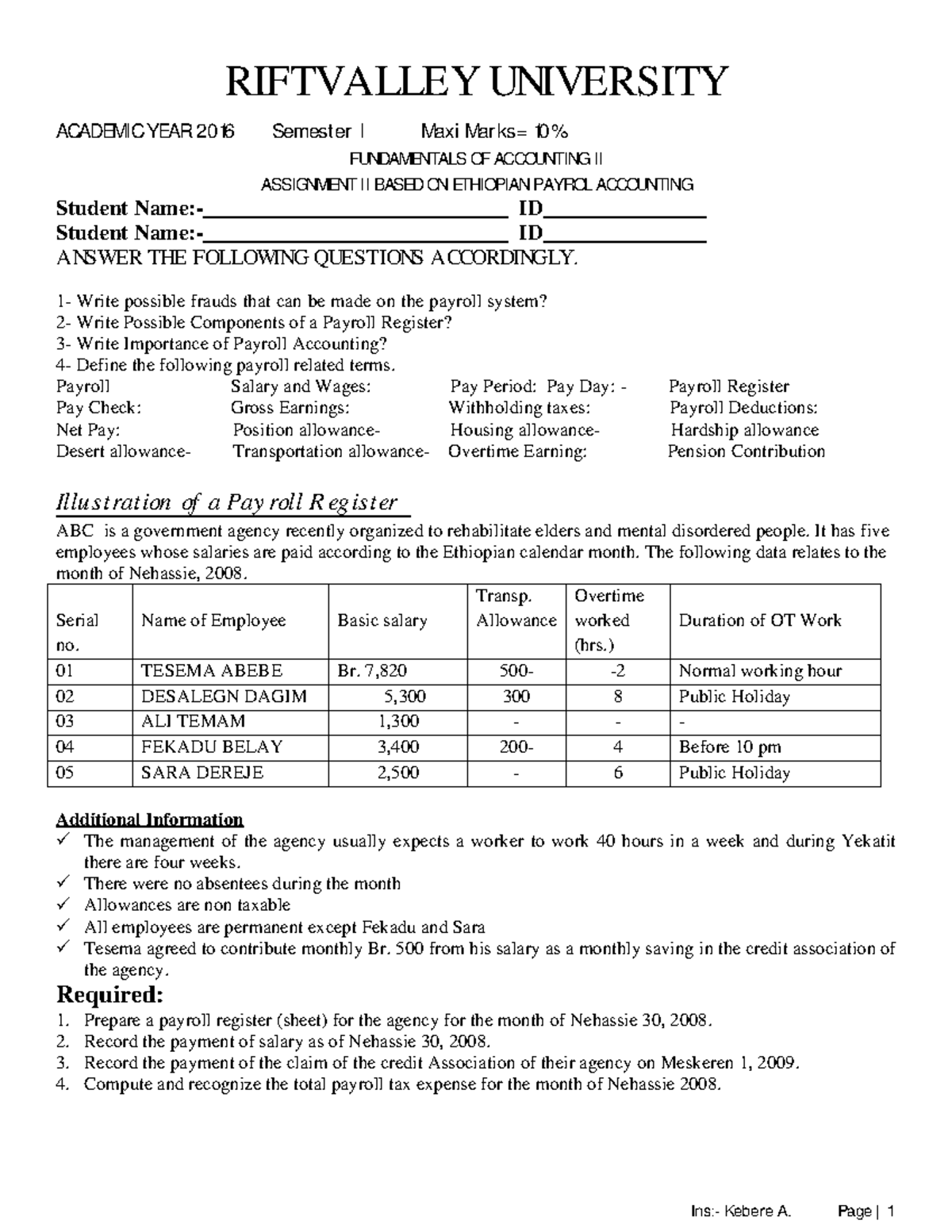 Assignment II Based on Payroll System - RIFTVALLEY UNIVERSITY Ins ...