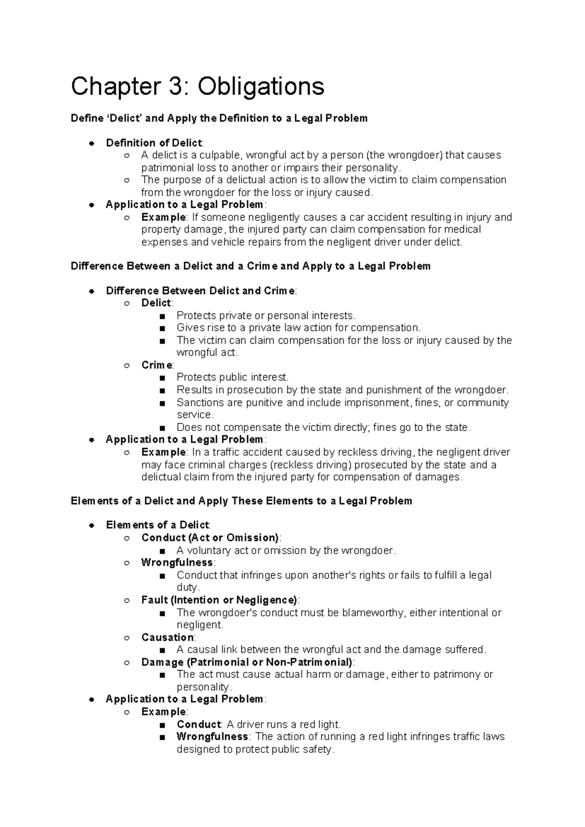 KRG 110 Chapter 3 - notes - Chapter 3: Obligations Define ‘Delict’ and ...