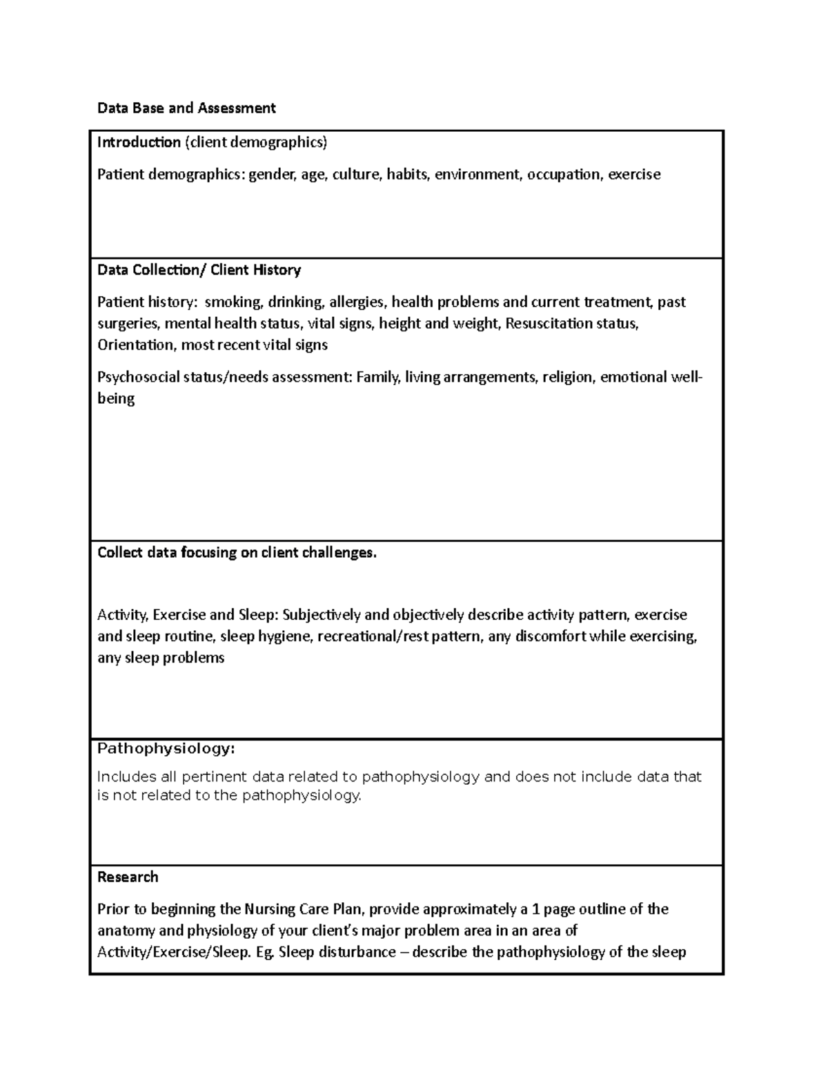 Care plan template level 2 - Data Base and Assessment Introduction ...