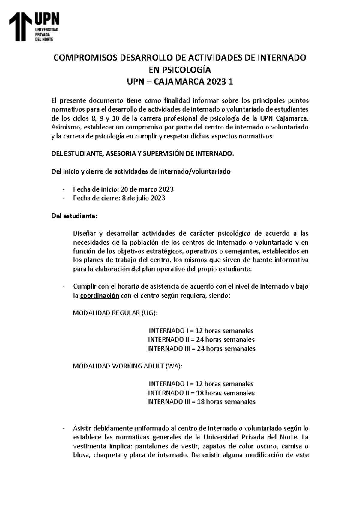 Compromisos con Centros de Internado 2023 1 - COMPROMISOS DESARROLLO DE ...