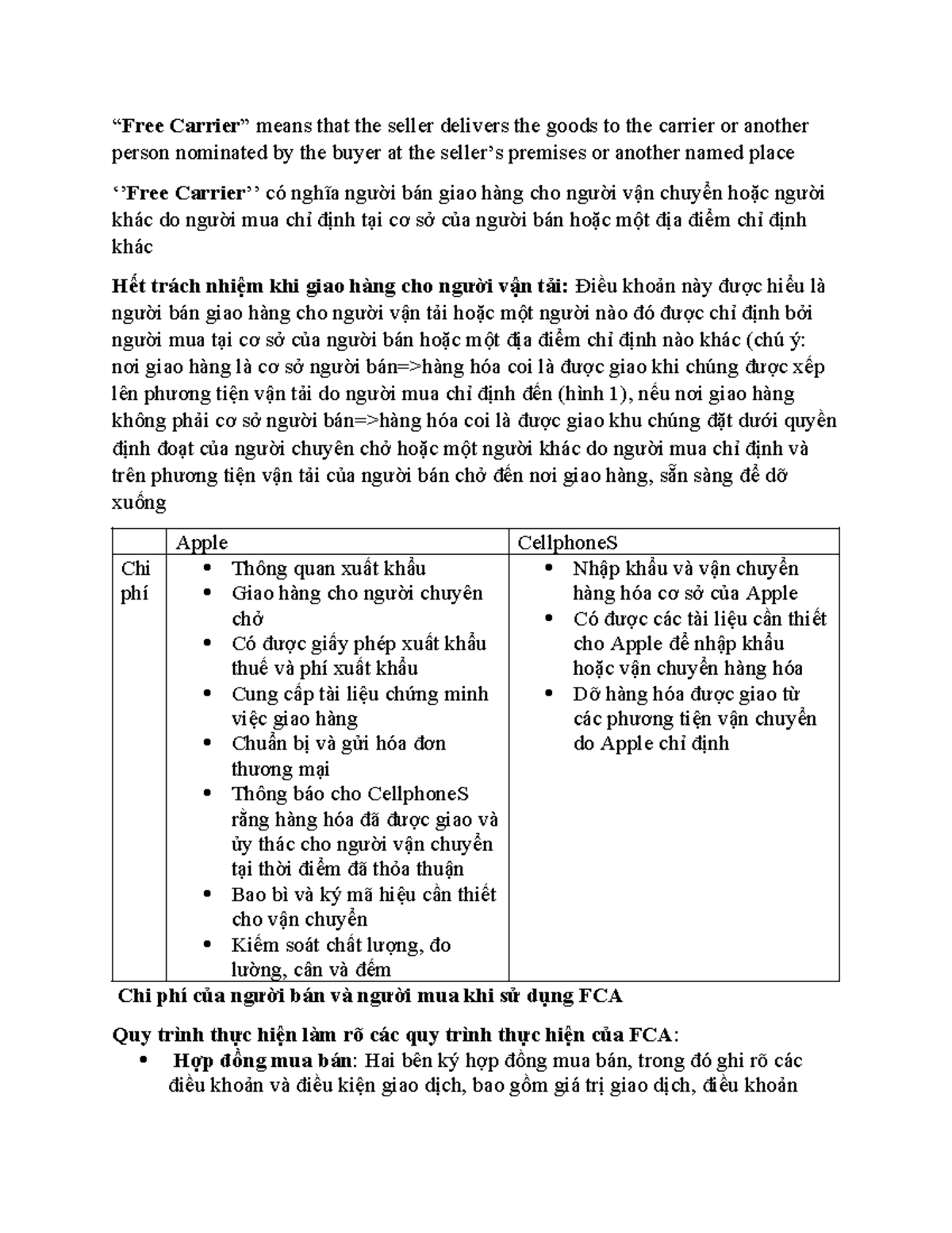 CASE Study FCA - Summary tổng quan logistics - “Free Carrier” means ...