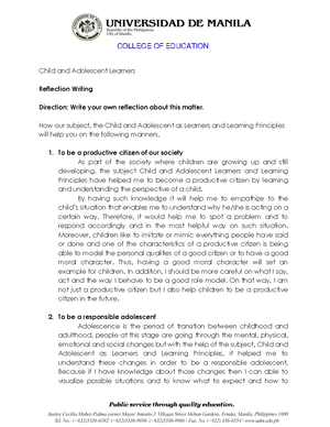 Reflection Writing - COLLEGE OF EDUCATION Child and Adolescent Learners ...