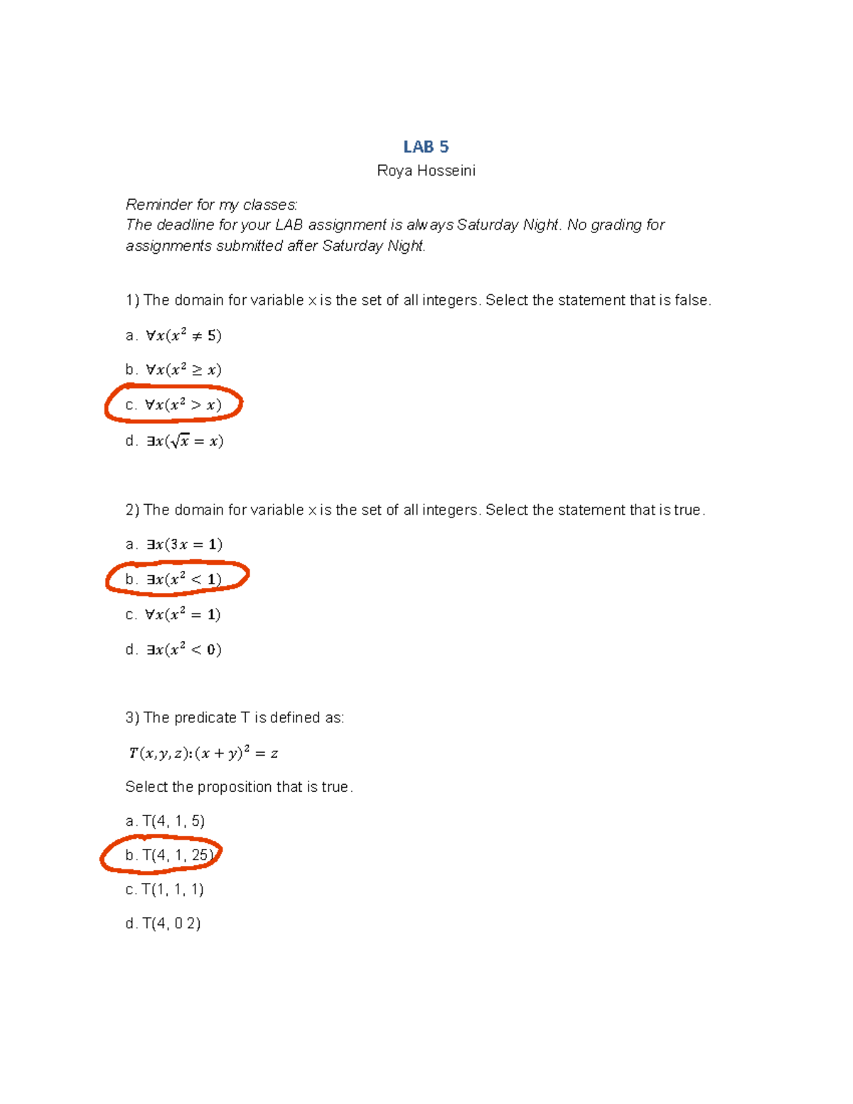 Lab 5 - Assignment - LAB 5 Roya Hosseini Reminder for my classes: The
