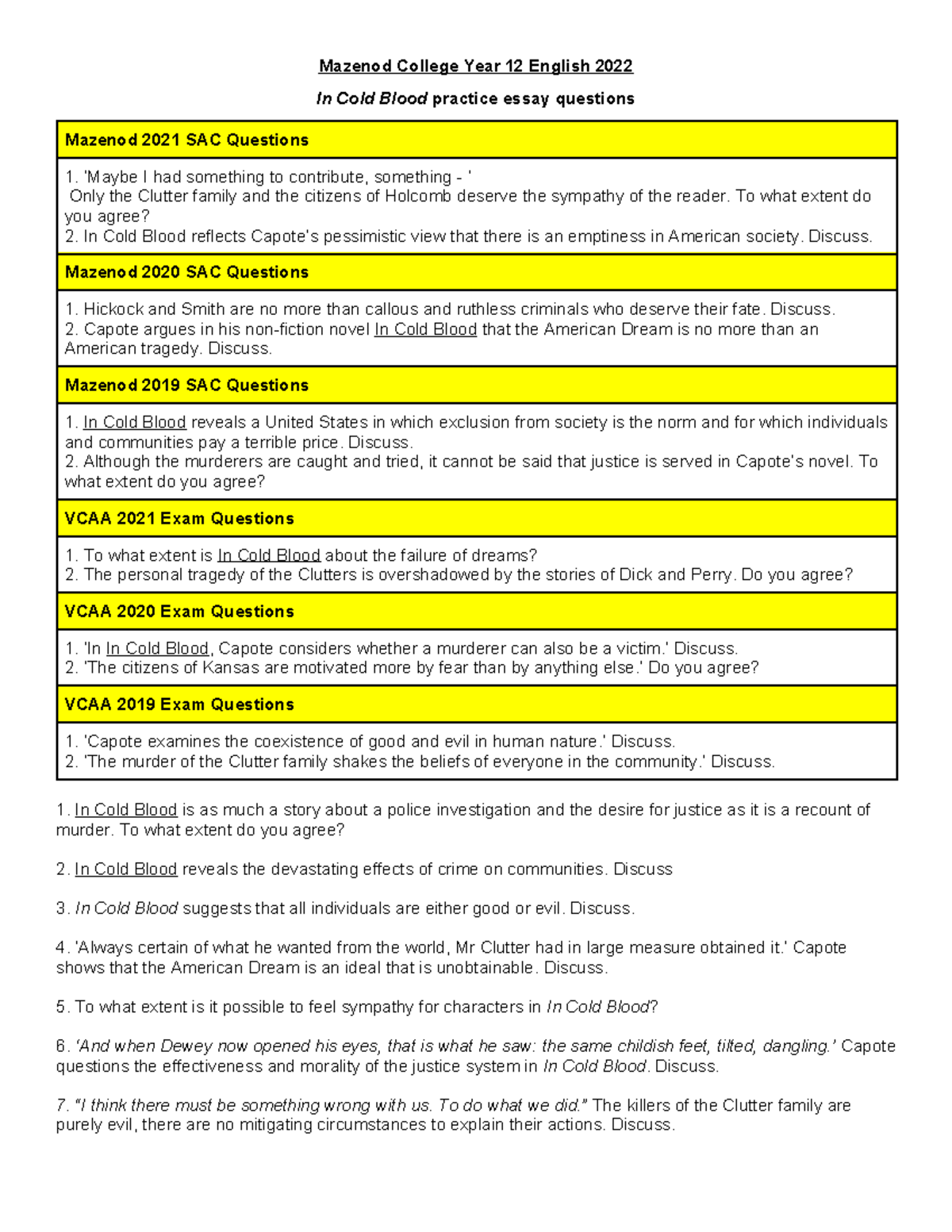 In Cold Blood Practice Essay Topic - Mazenod College Year 12 English ...