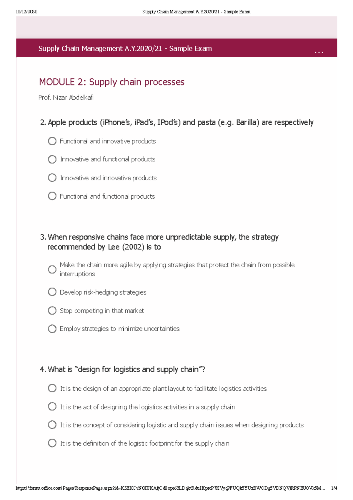 Supply Chain Management A.Y.2020 21 - Sample Exam 2 - Supply Chain ...