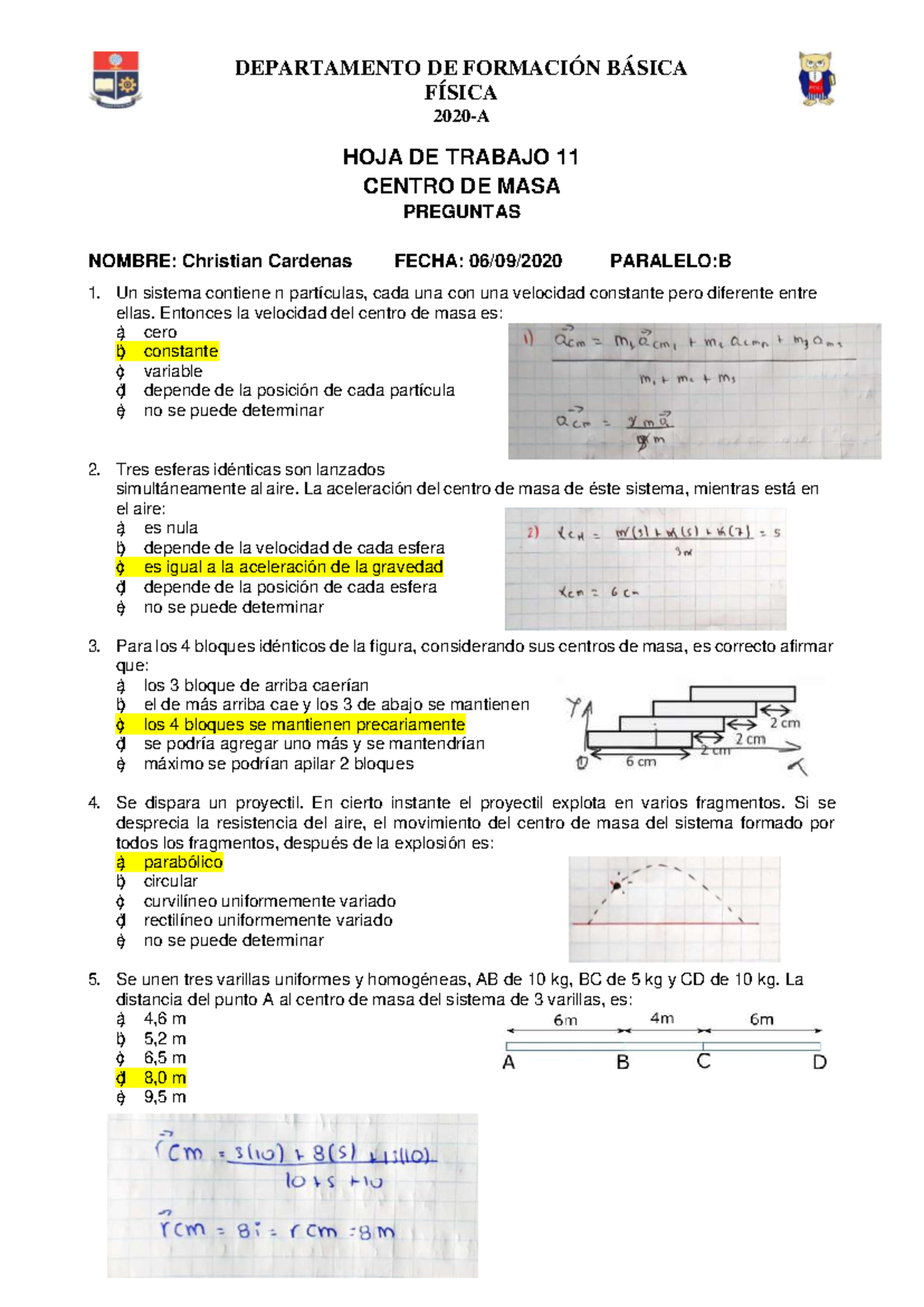 Christian Cardenas B Hoja 11 - FÍSICA 2020-A HOJA DE TRABAJO 11 CENTRO ...