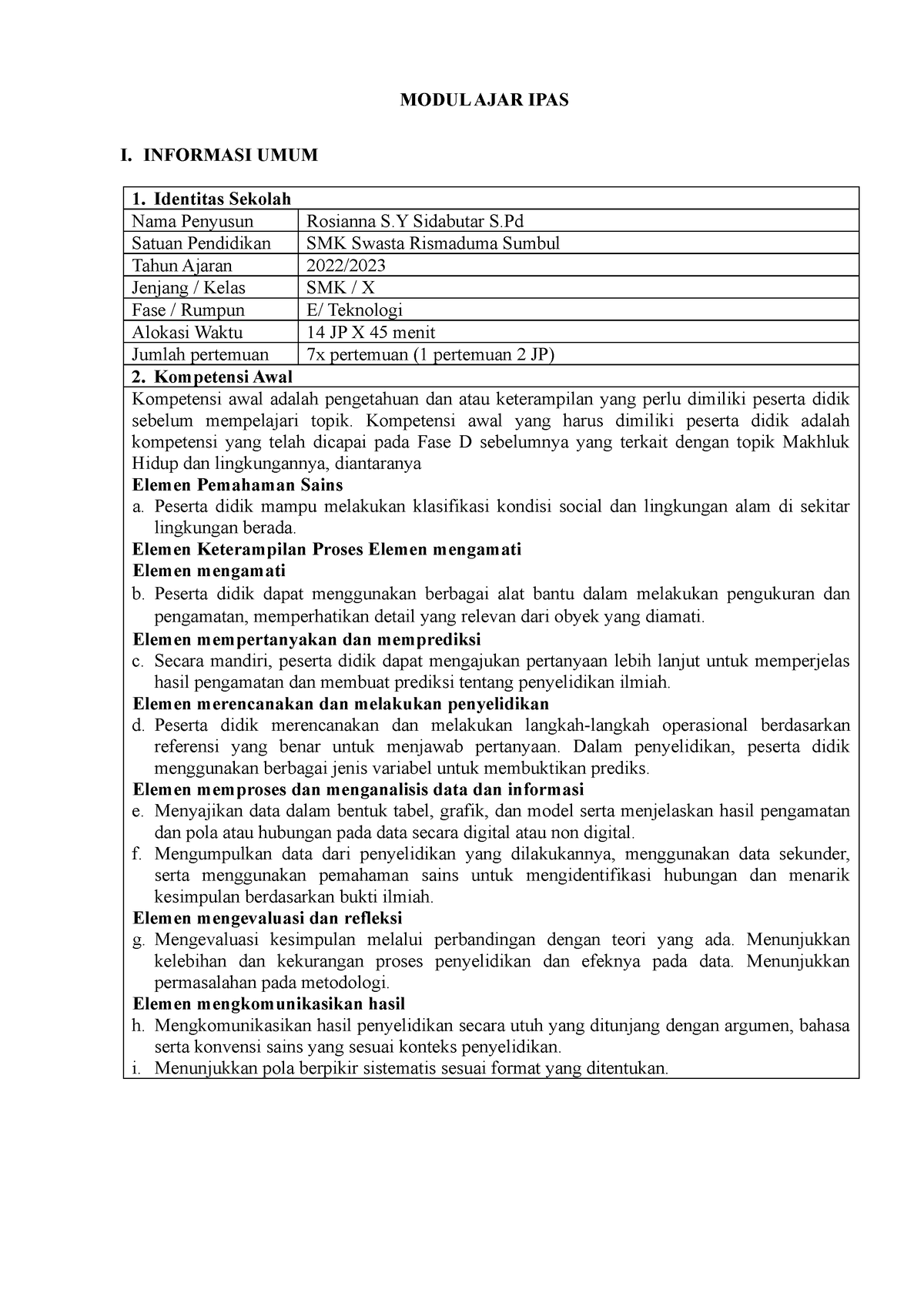 Modul 1 Keruangan DAN Waktu - MODUL AJAR IPAS I. INFORMASI UMUM