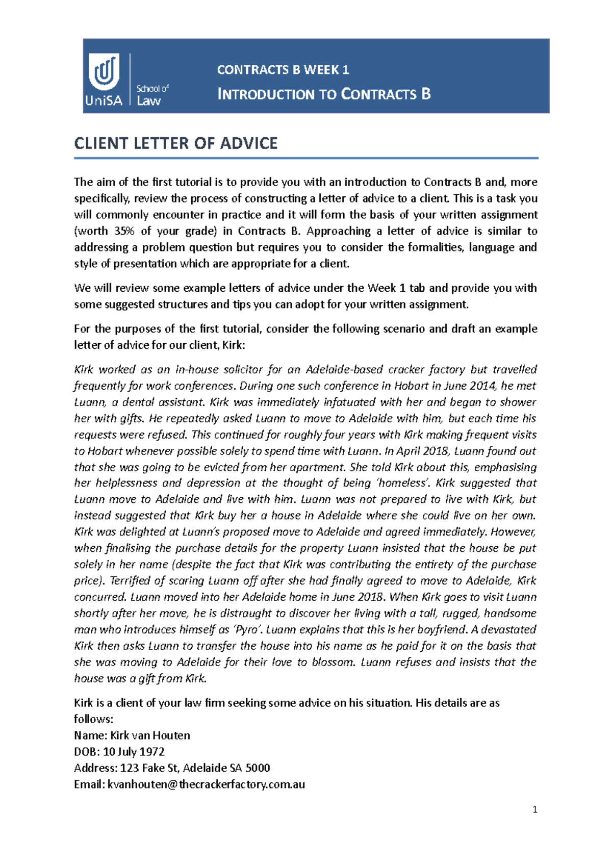 Contracts B Tutorial Questions 2019 - CLIENT LETTER OF ADVICE The Aim ...