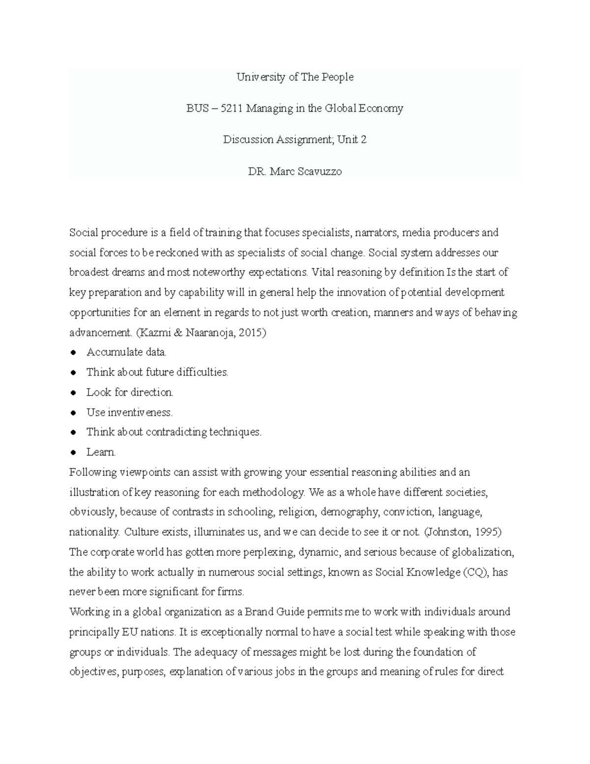 BUS 5115 DIS UNIT 2 - discussion unit 1 - University of The People BUS ...