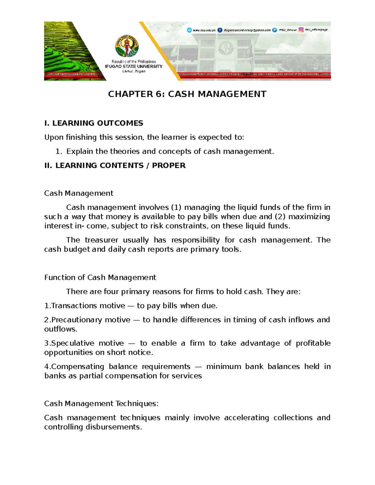 Chapter6 CASH Management CHAPTER 6 CASH MANAGEMENT I. LEARNING