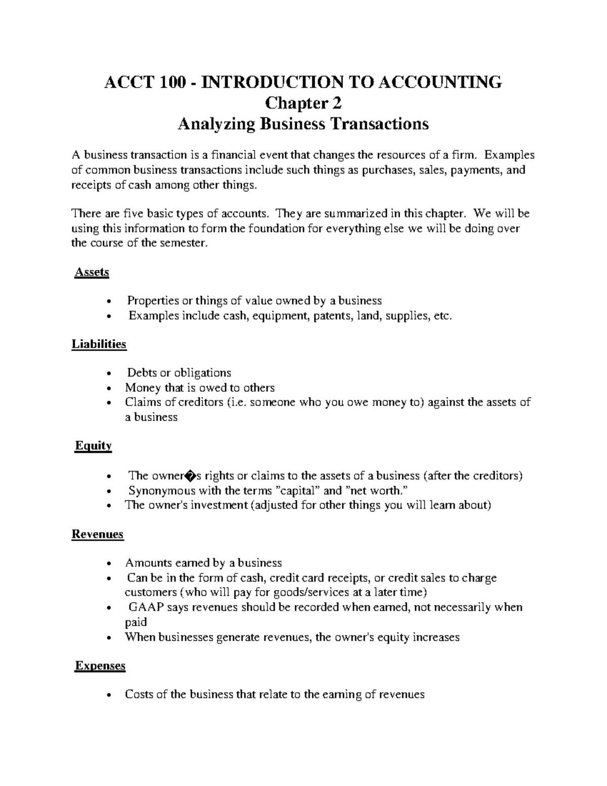 ACCT 100 Chapter 2 Handout - ACCT 100 - INTRODUCTION TO ACCOUNTING ...