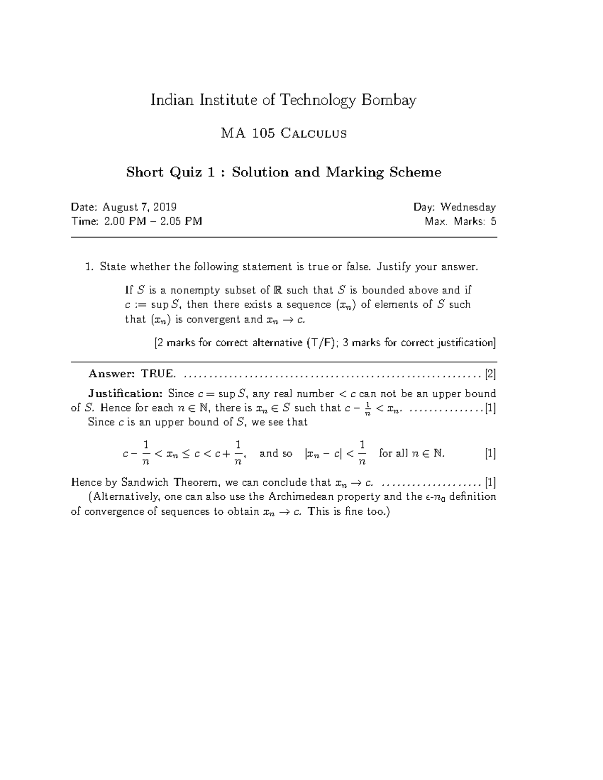 MA105 Short Quiz 1 Paper & Solution - Indian Institute Of Technology ...