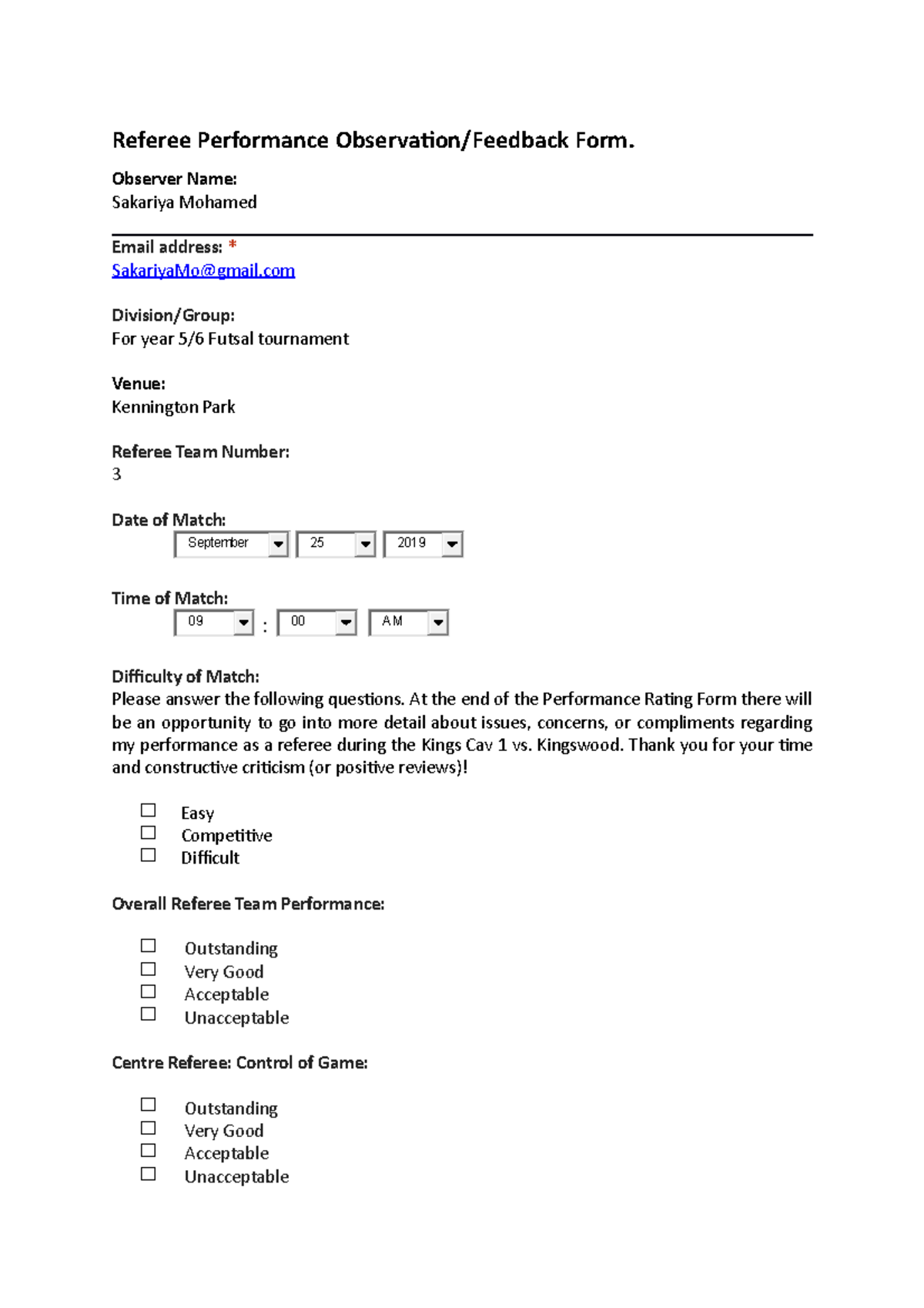 Referee Performance Observation Print Referee Performance Observaion