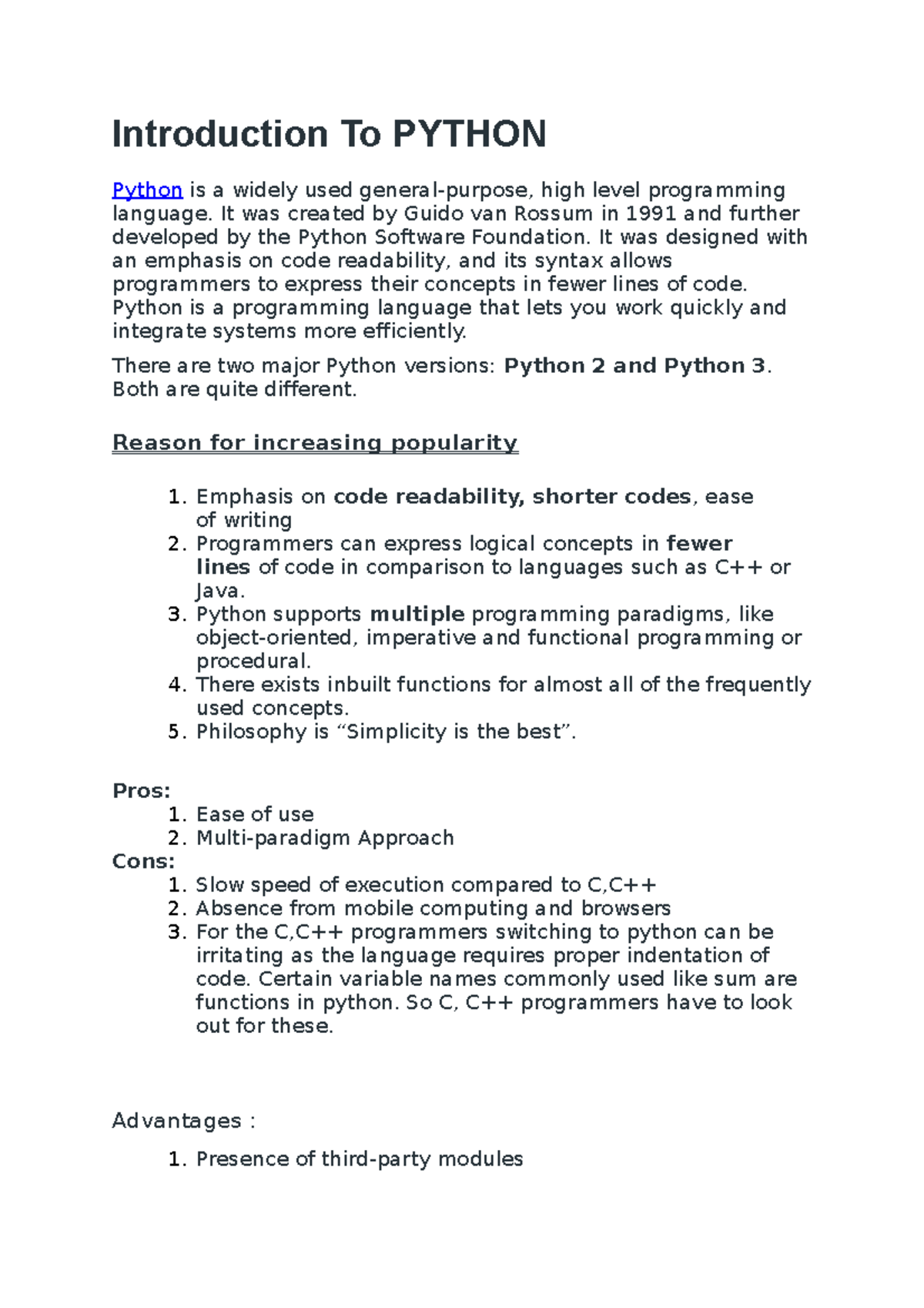 Python - vhgdg - Introduction To PYTHON Python is a widely used general ...