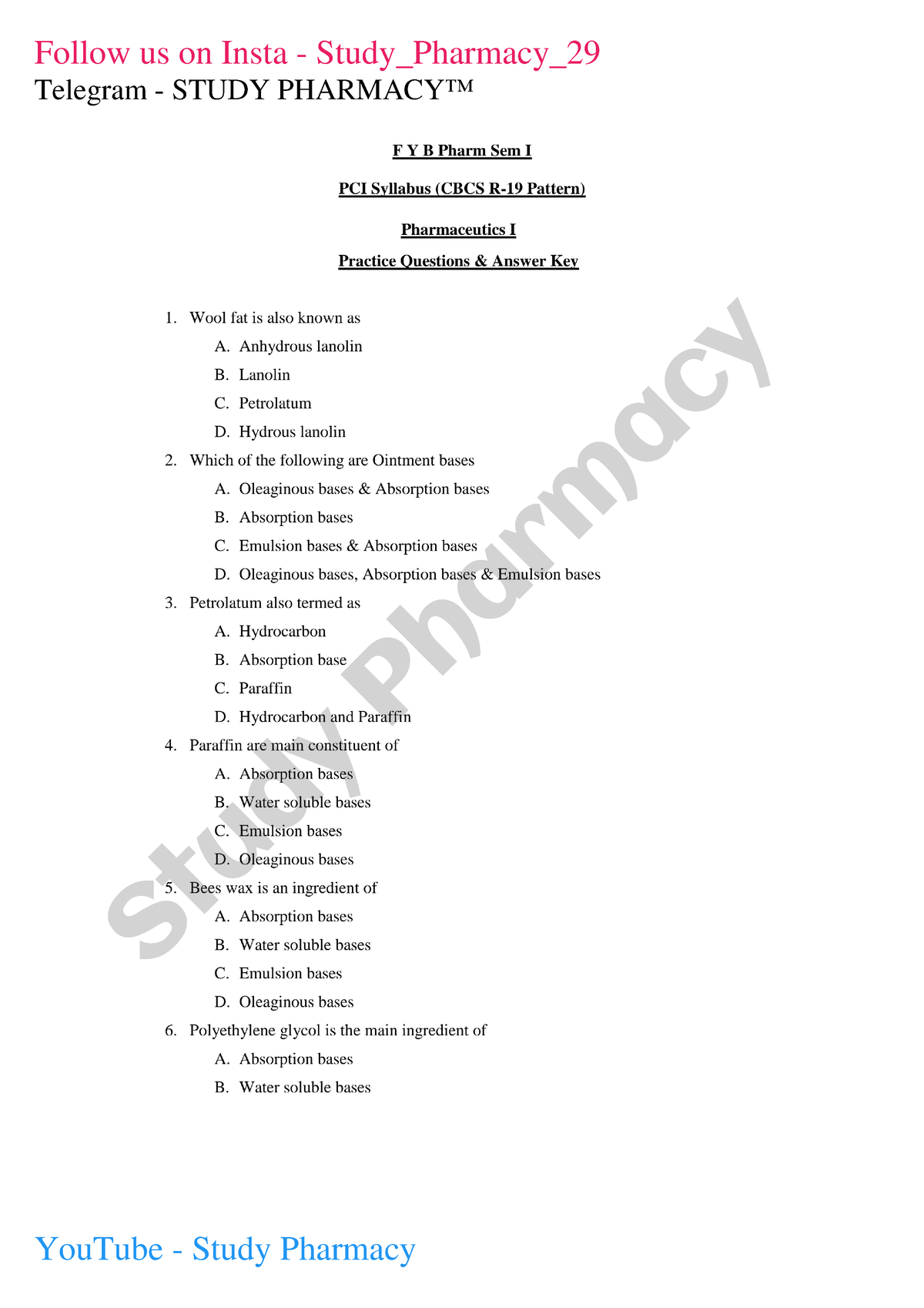 Pharmaceutics 1 Mcqs Study Pharmacy - FYB Pharm Sem I PCISyllabus (CBCS ...