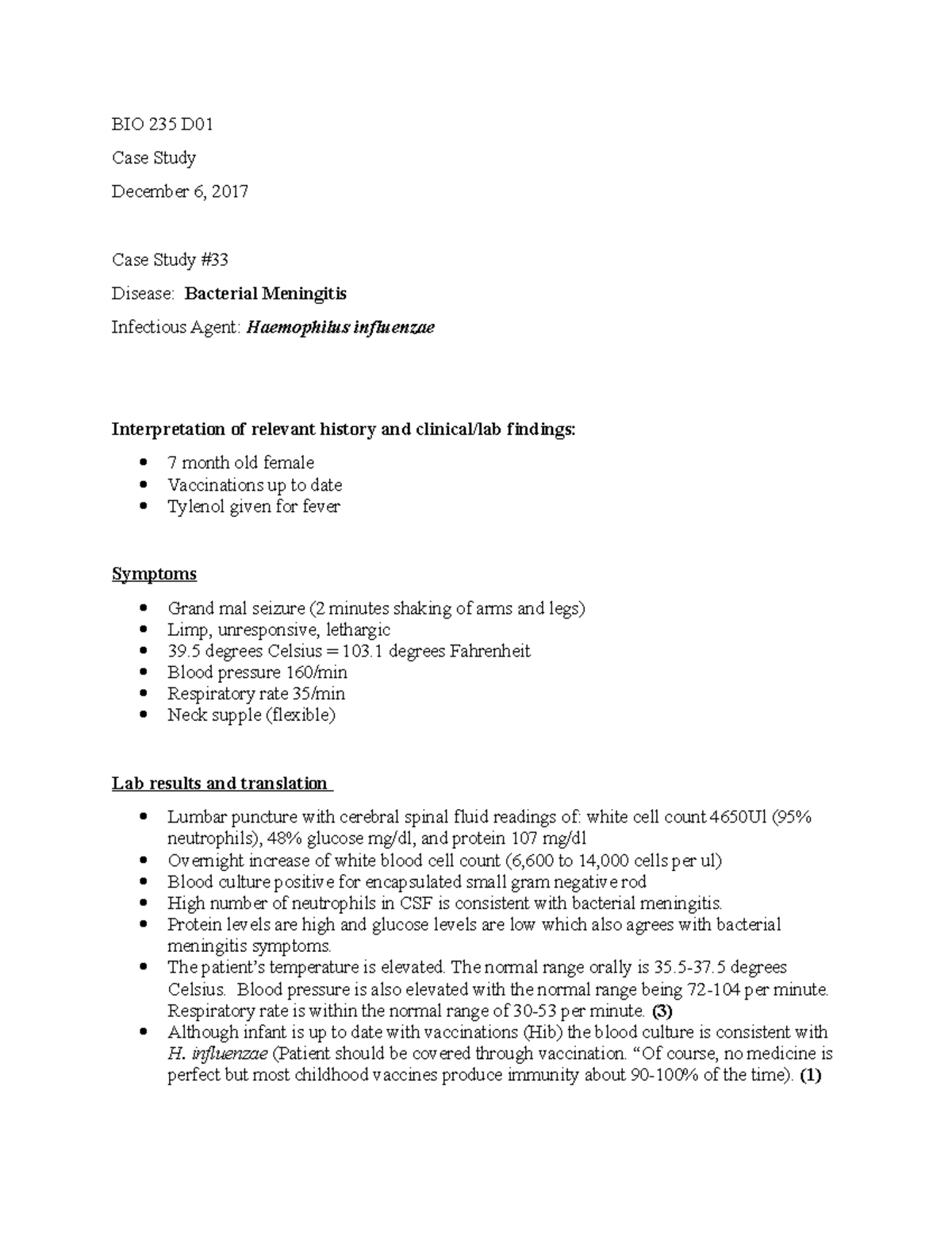 Case study meningitis BIO 235 D01 Case Study December 6, 2017 Case