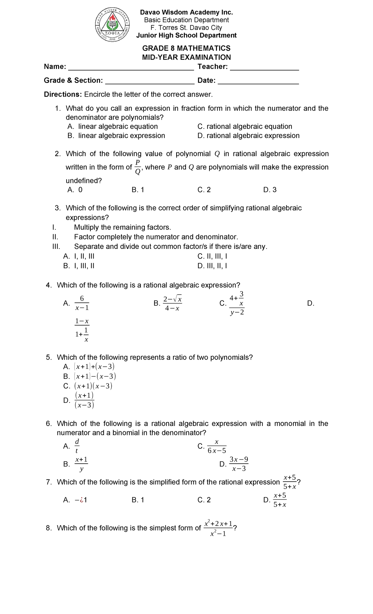 MATH8 Mid Year Exam - reading - Davao Wisdom Academy Inc. Basic ...