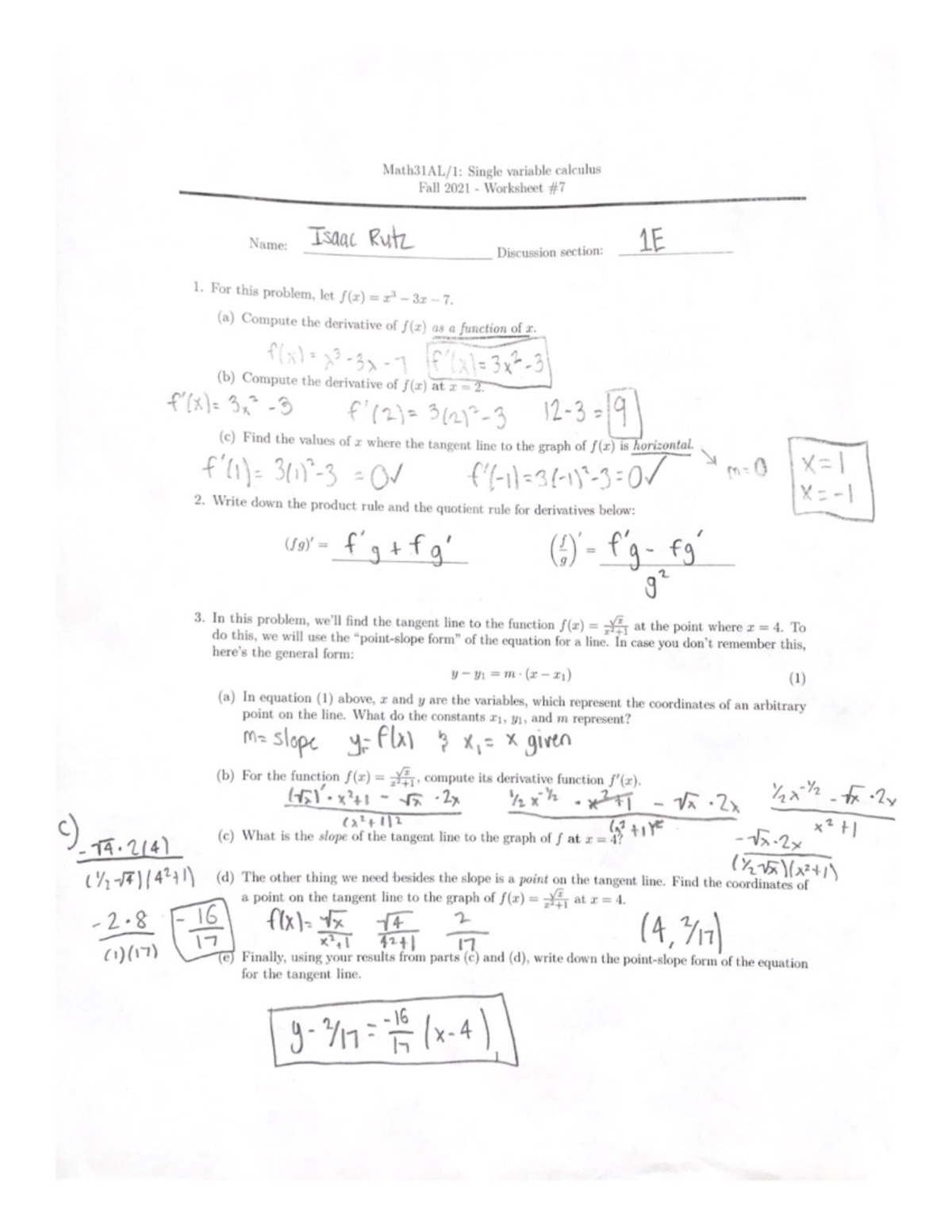 Worksheet #7 - Practice homework for a calc class. - Single variable ...