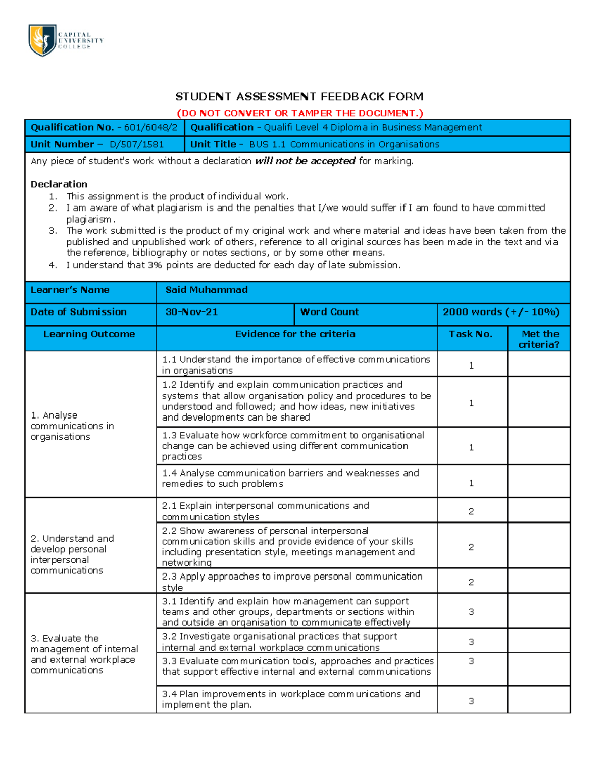 BUS 1.1 Communications in Organisations solution file - STUDENT ...