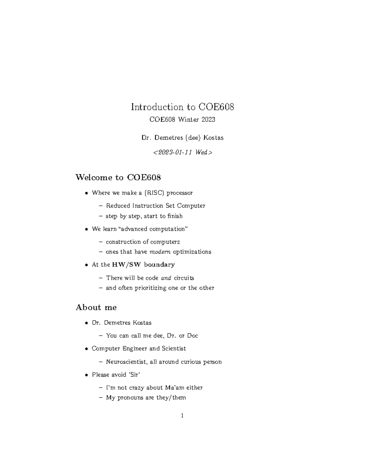 Intro - notes for ethe first lecture - Introduction to COE COE608 ...