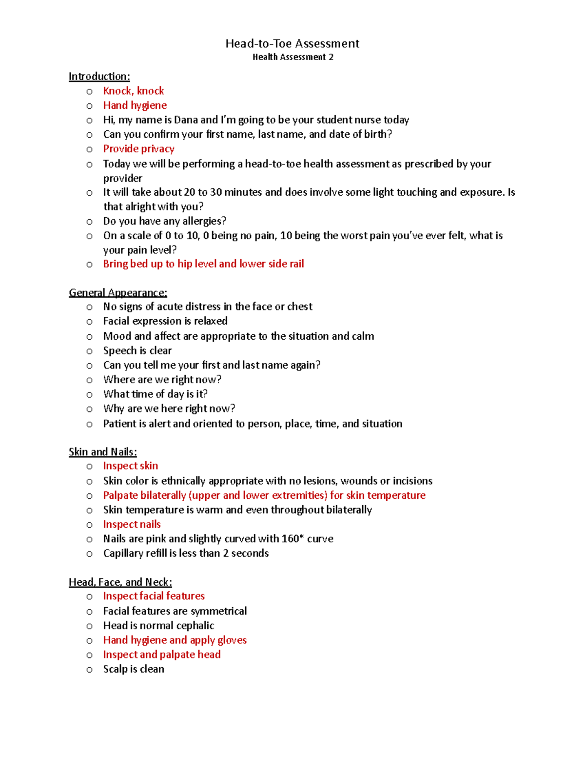 Head to Toe Assesment Script - Health Assessment 2 Introduction: o ...
