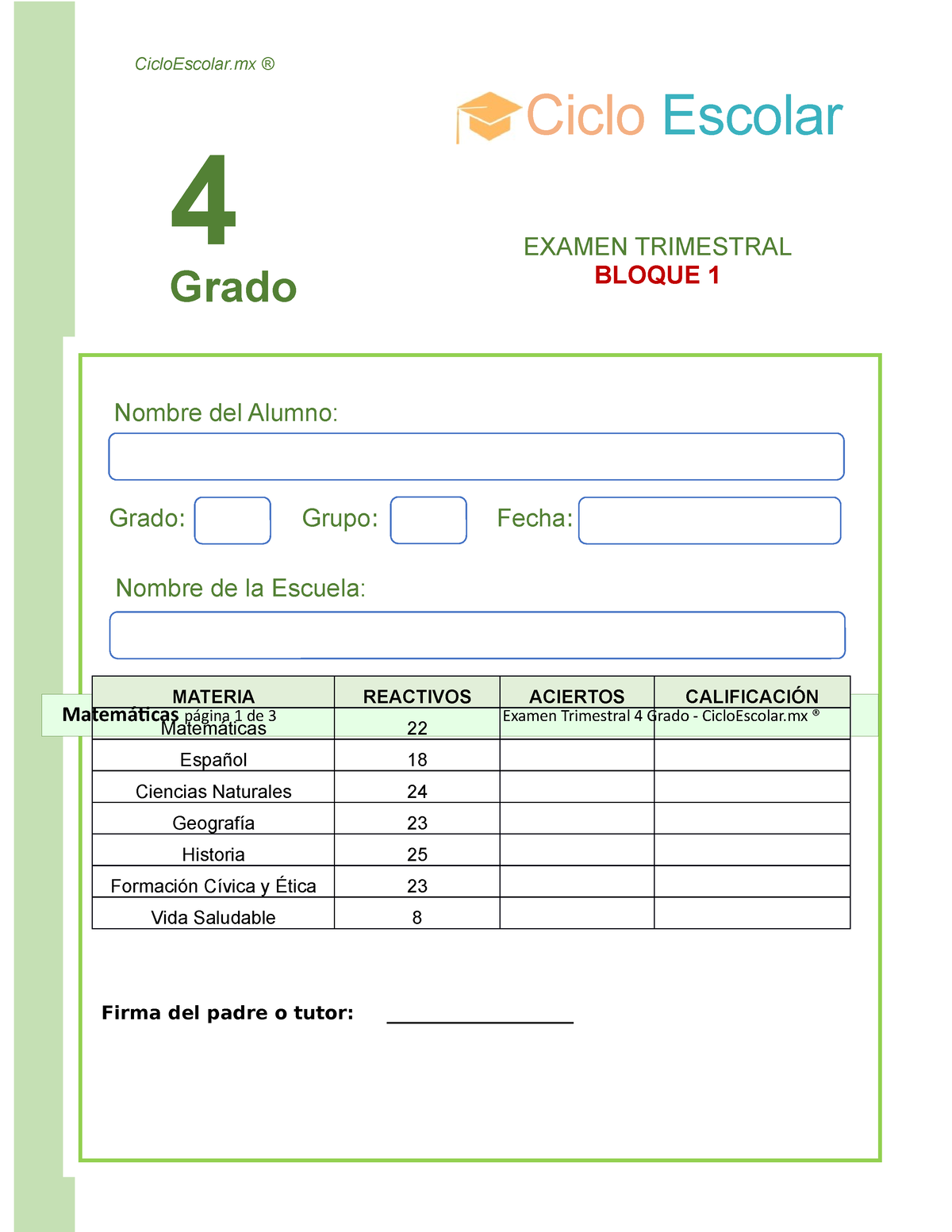 Examen Trimestral Cuarto Grado Bloque Observa Con