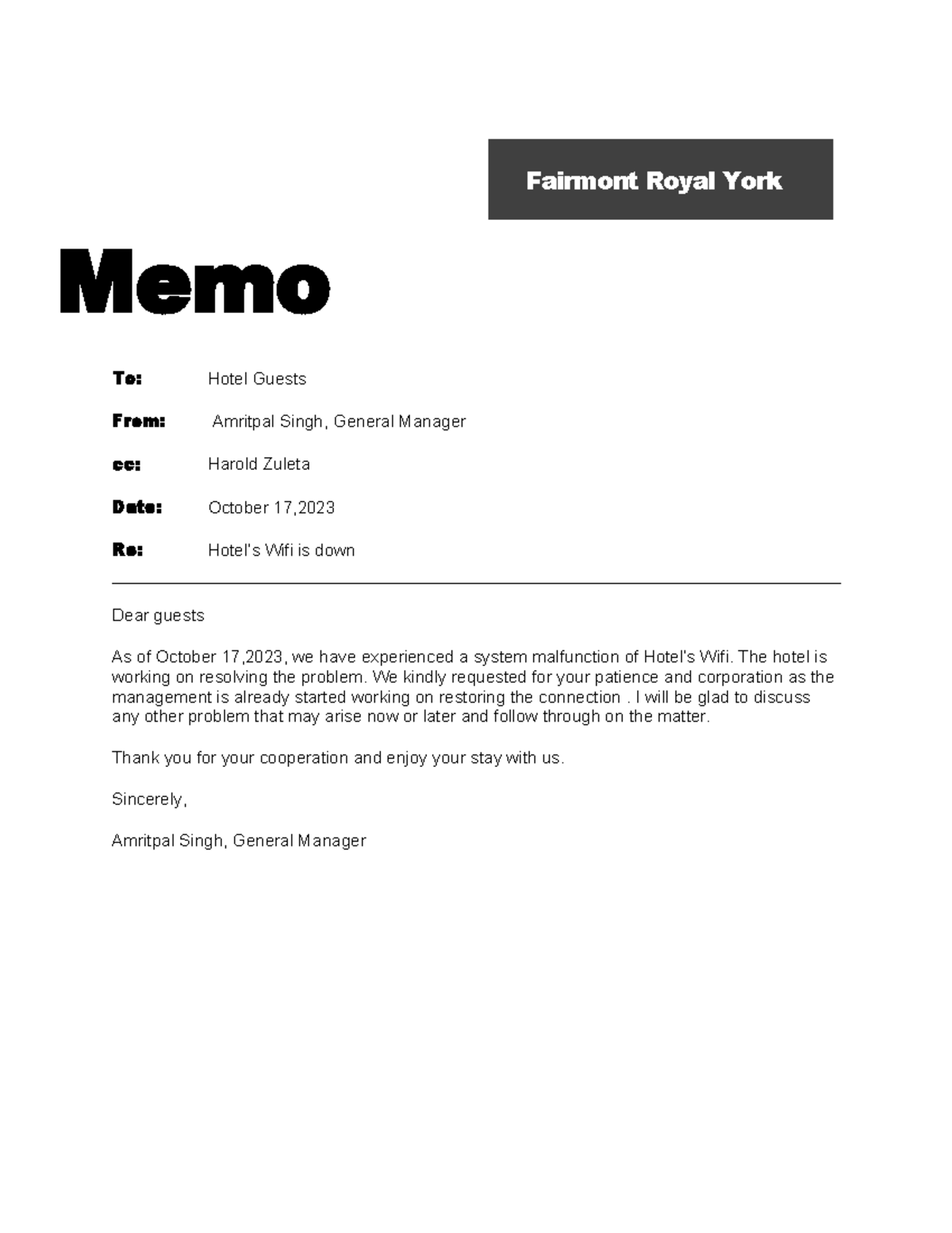 How to build memo - Fairmont Royal York Memo To: Hotel Guests From ...