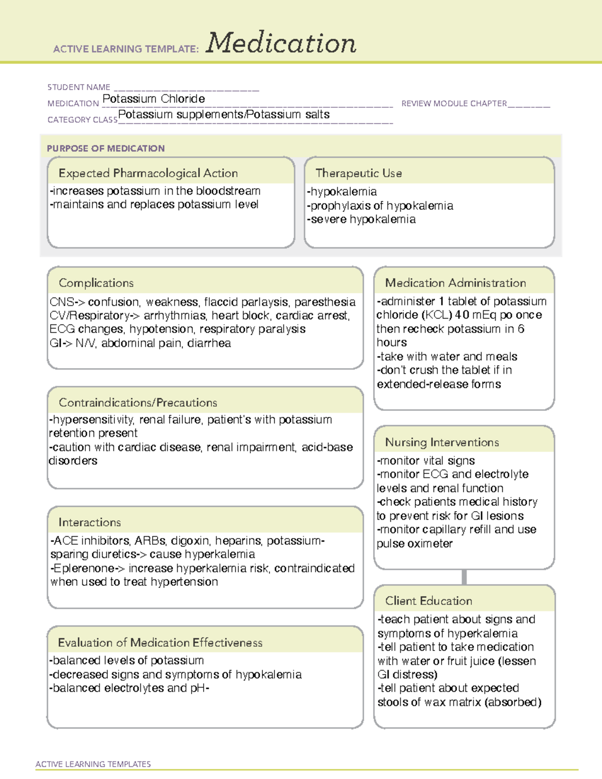 ATI Medication Form Potassium - ACTIVE LEARNING TEMPLATES Medication ...