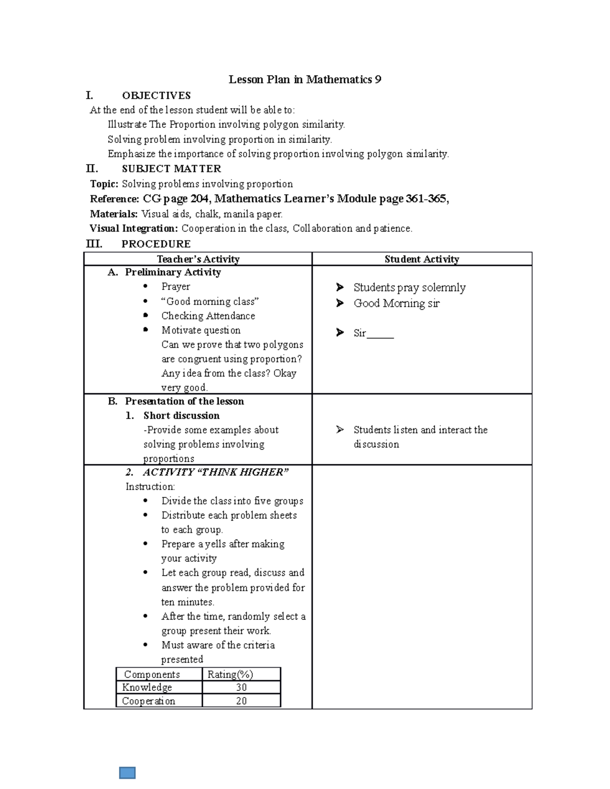 Lesson Plan in Solving Proportion - Lesson Plan in Mathematics 9 I ...