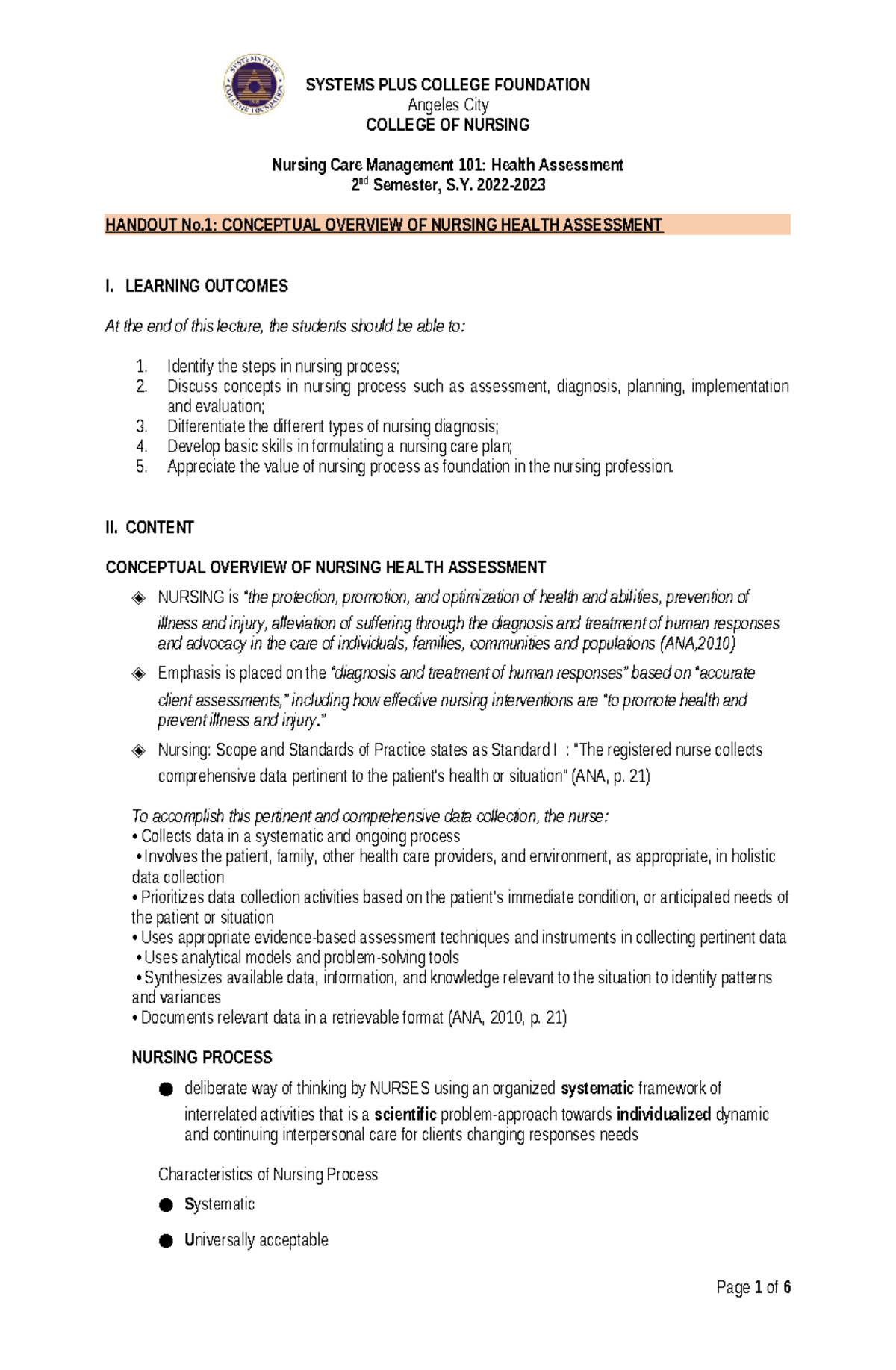 Handout 1 HA 2 - Summary Nursing - SYSTEMS PLUS COLLEGE FOUNDATION ...