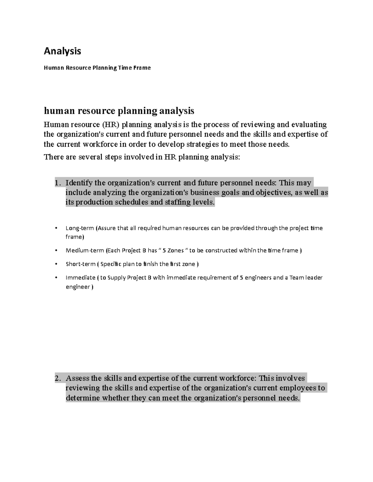 Analysis HRM Project - Analysis Human Resource Planning Time Frame ...