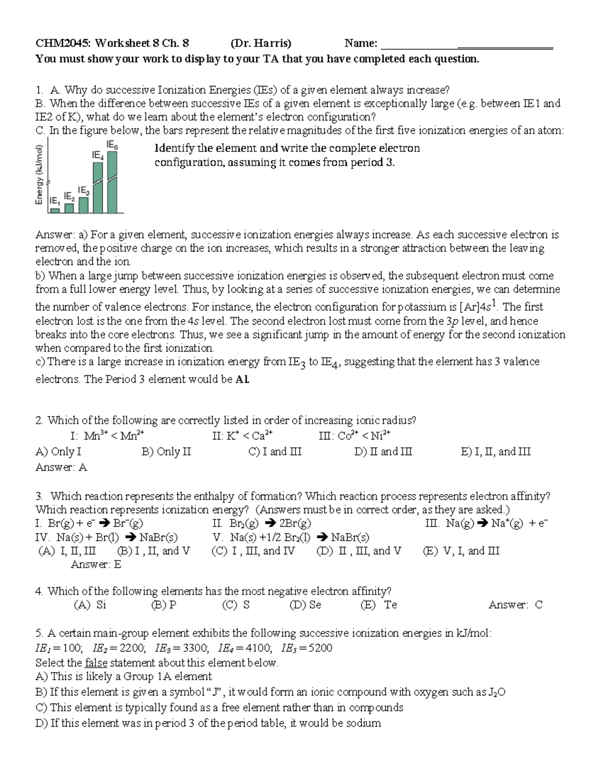 Worksheet 8 Ch 8Key - CHM2045: Worksheet 8 Ch. 8 (Dr. Harris) Name