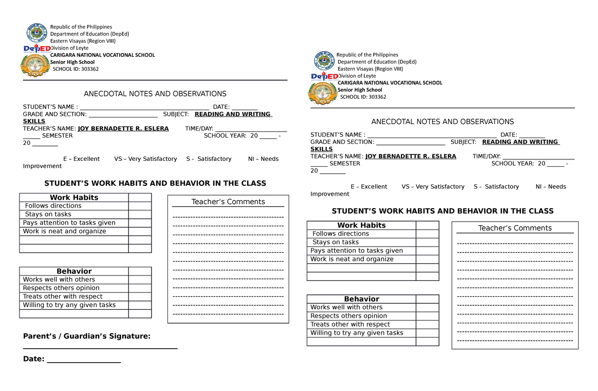 Anecdotal template Anecdotal Records Republic Of The Philippines Department Of Education