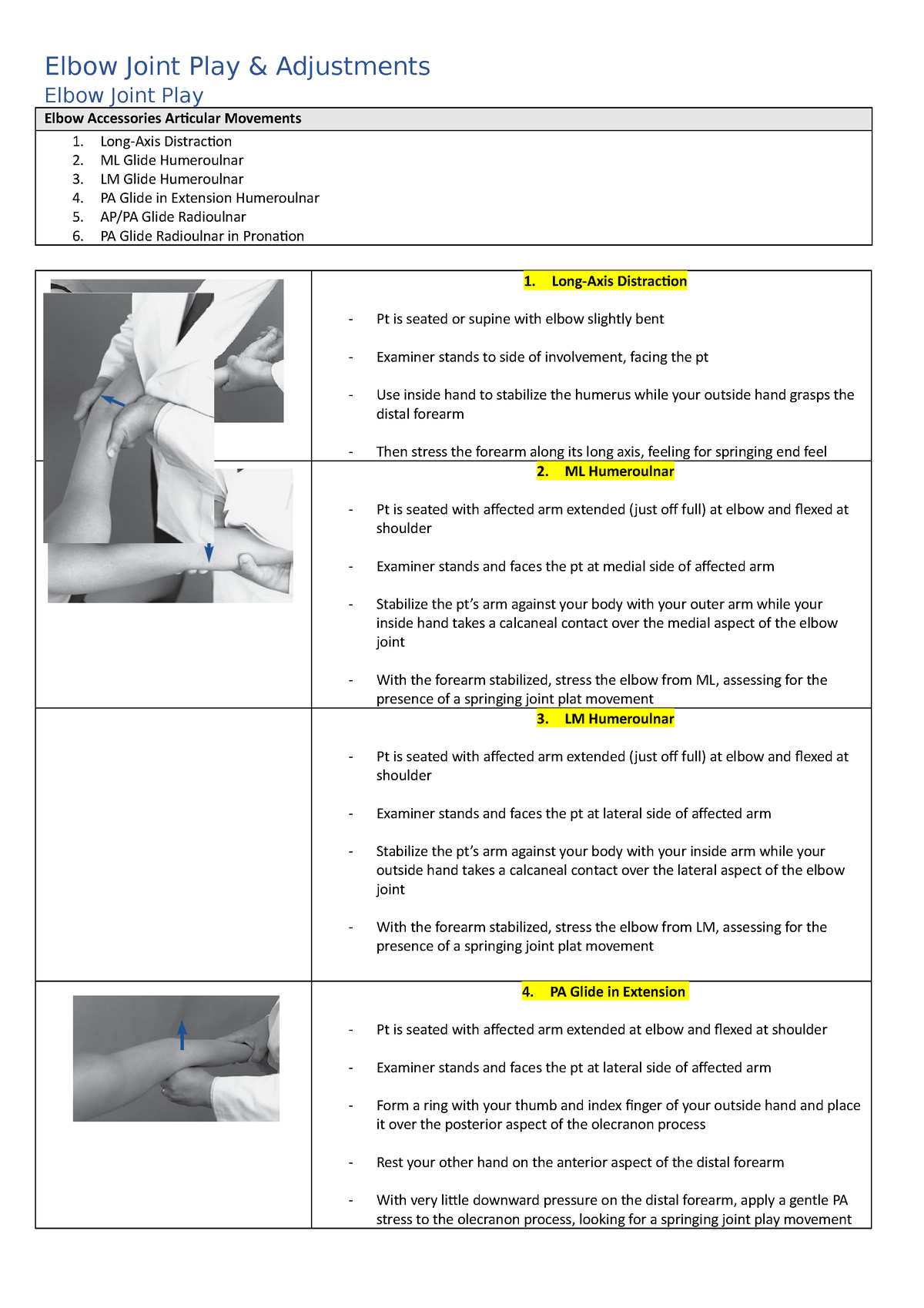 Elbow Joint Play & Adjustments - CHI338 - Murdoch - Studocu