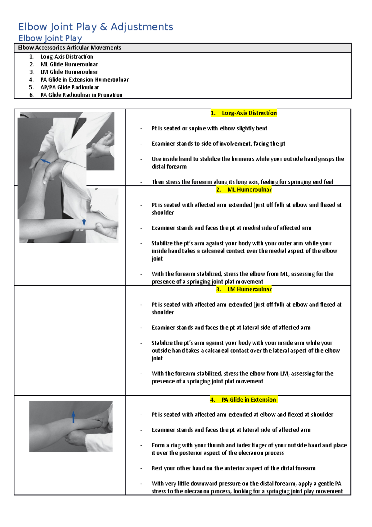 Elbow Joint Play & Adjustments CHI338 Murdoch Studocu