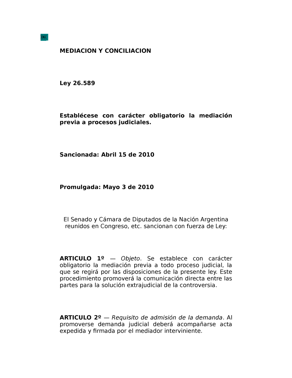 Ley 26589 Mediacion Nacion Mediacion Y Conciliacion Ley 26