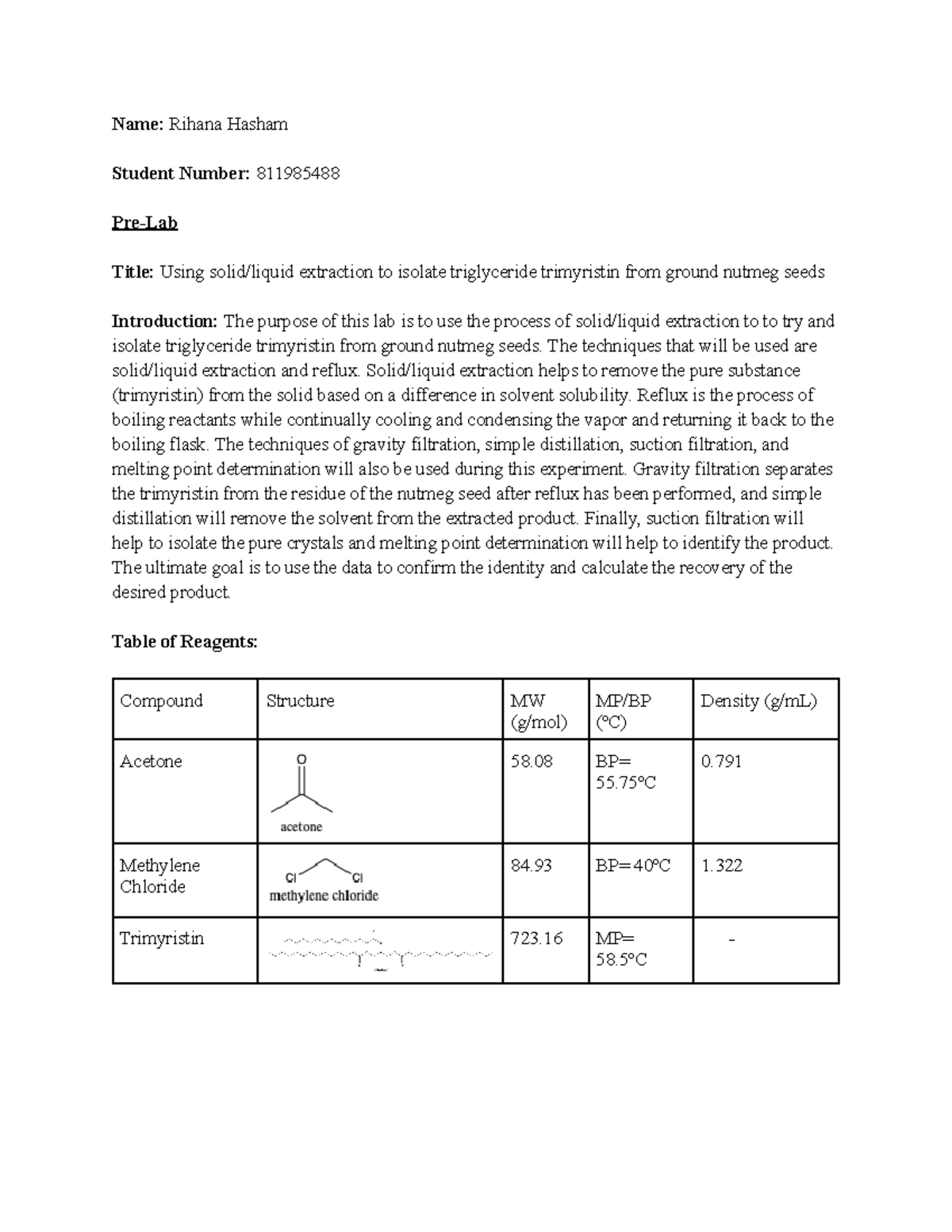 SolidLiquid Extraction Lab Name Rihana Hasham Student Number