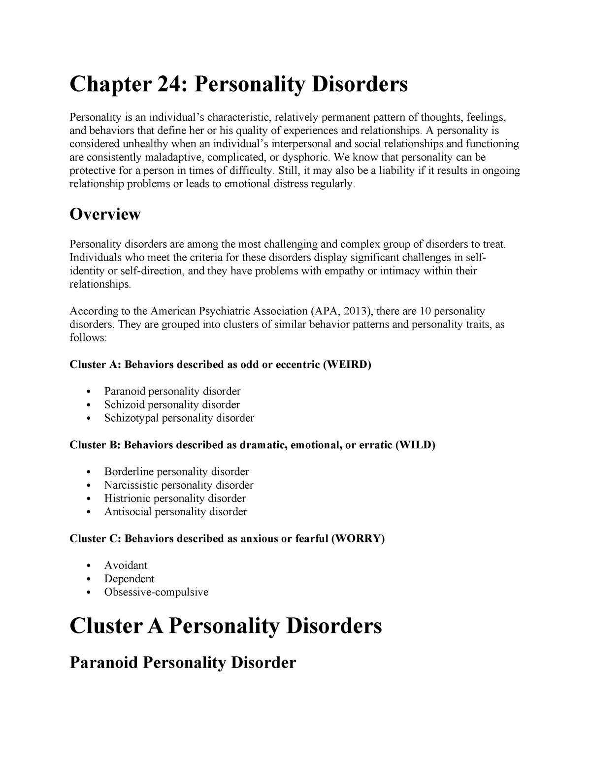 Chapter 24 - overview of - Chapter 24: Personality Disorders ...