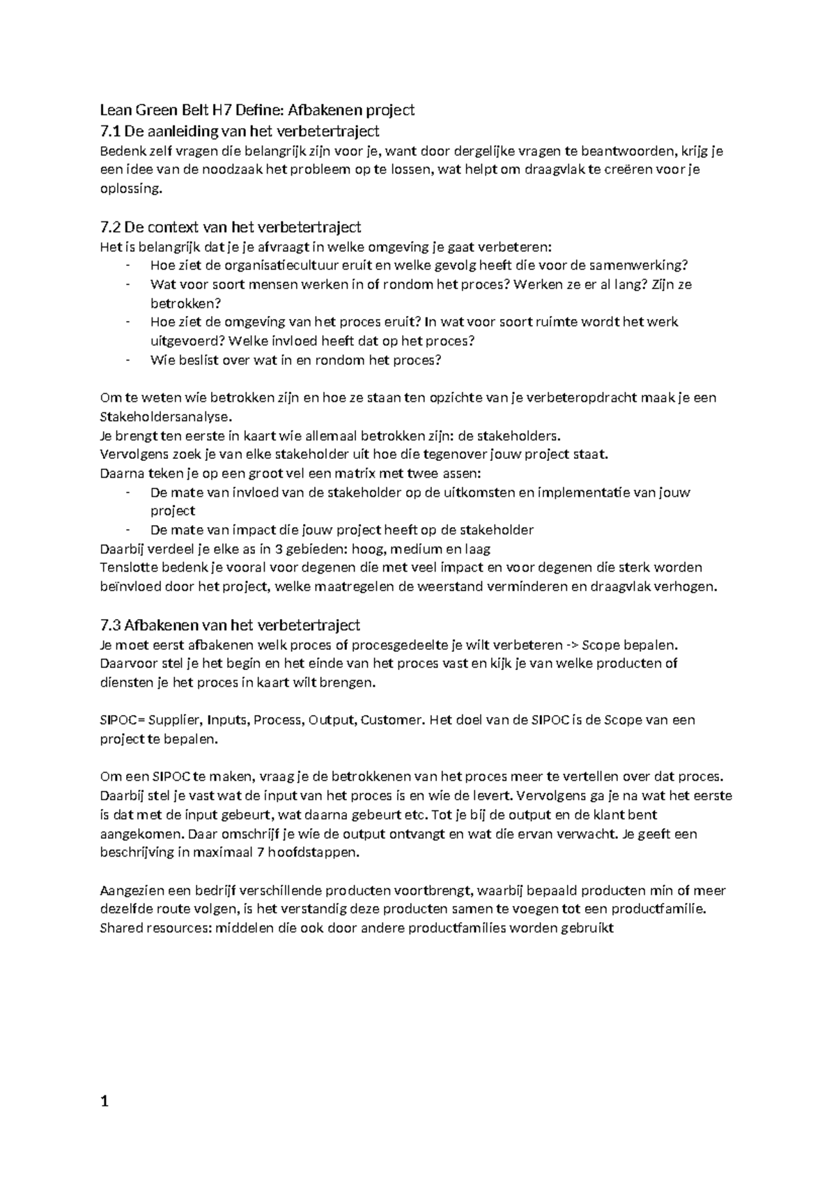 Operationeel Management H2 - Lean Green Belt H7 Define: Afbakenen ...