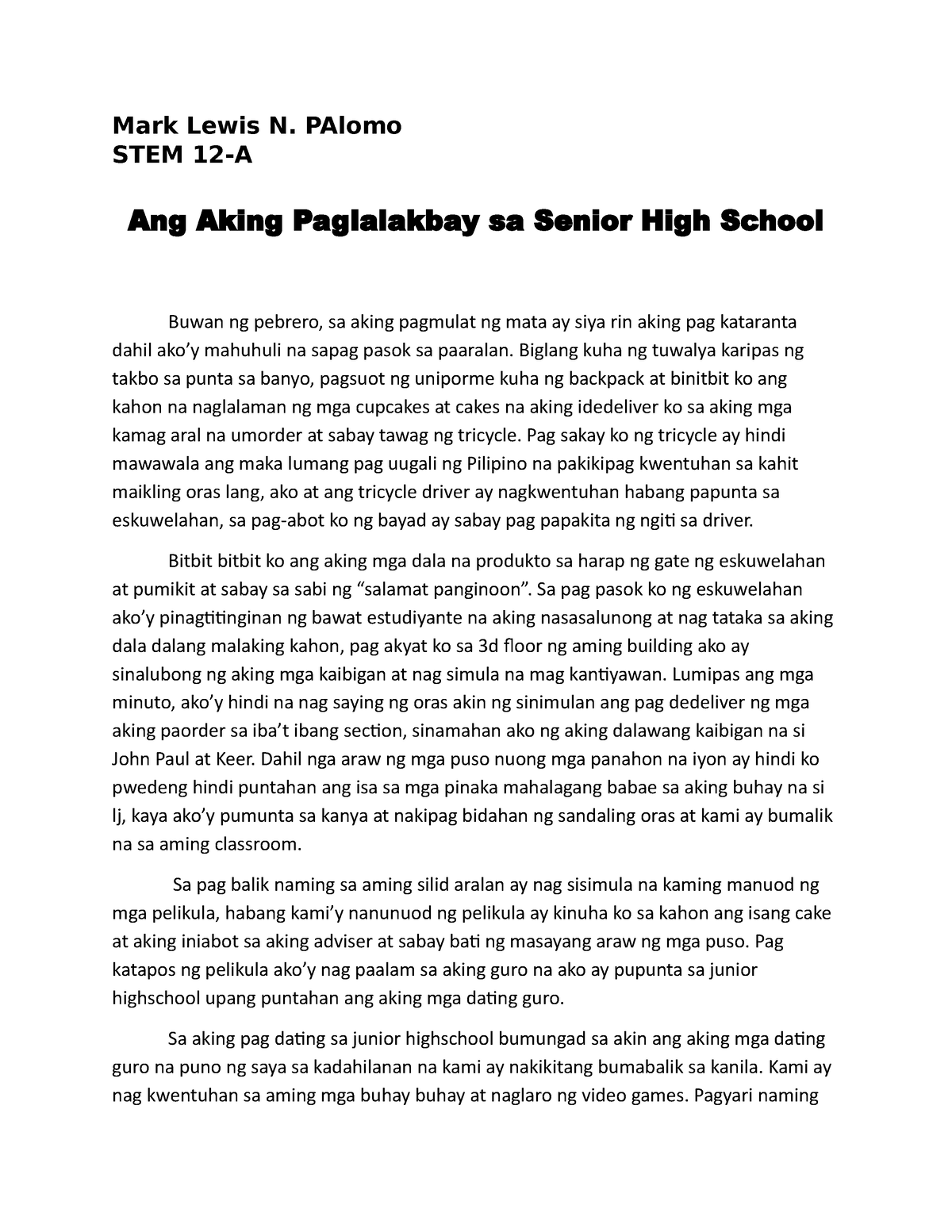 Lakbay Sanaysay - Mark Lewis N. PAlomo STEM 12-A Ang Aking Paglalakbay ...