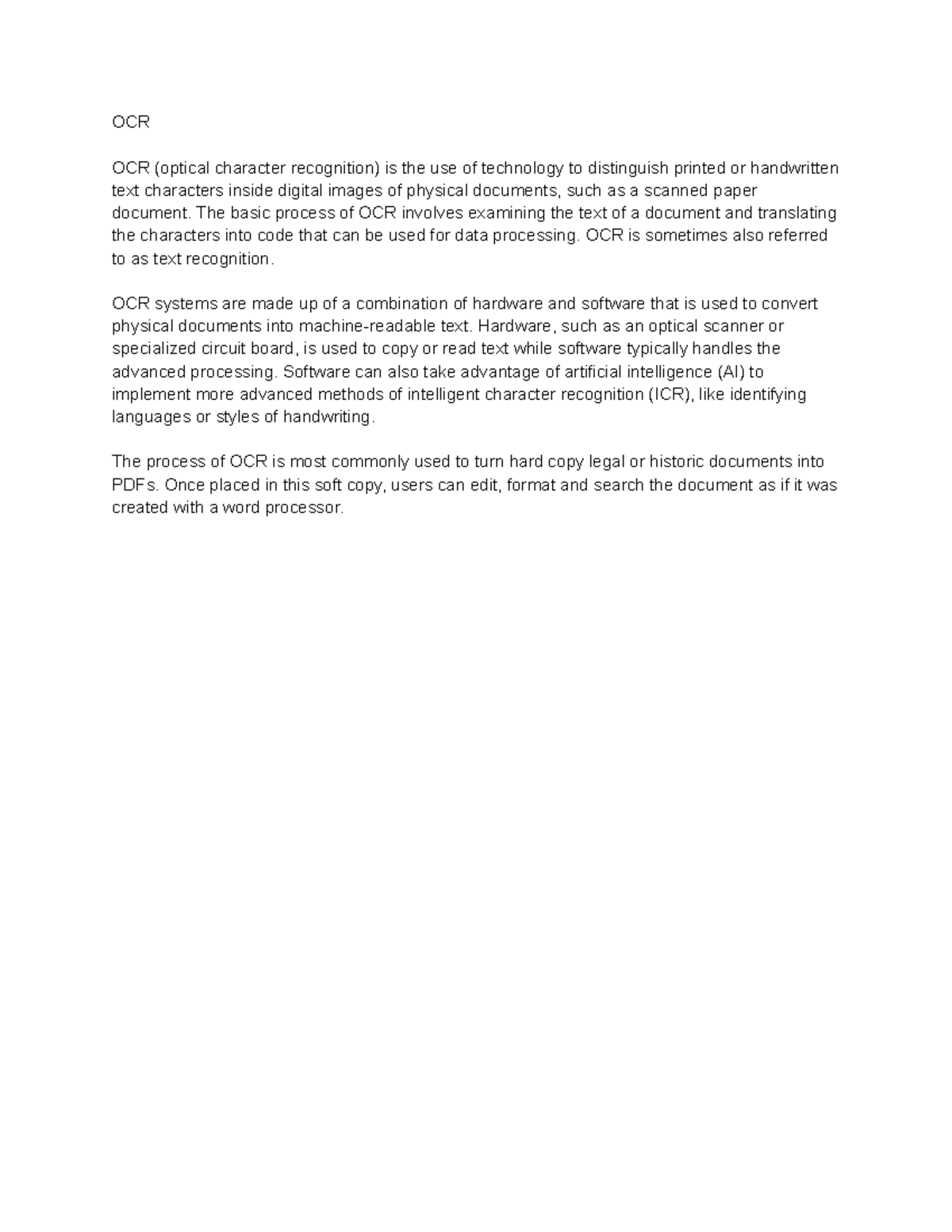 OCR - OCR - OCR OCR (optical character recognition) is the use of ...