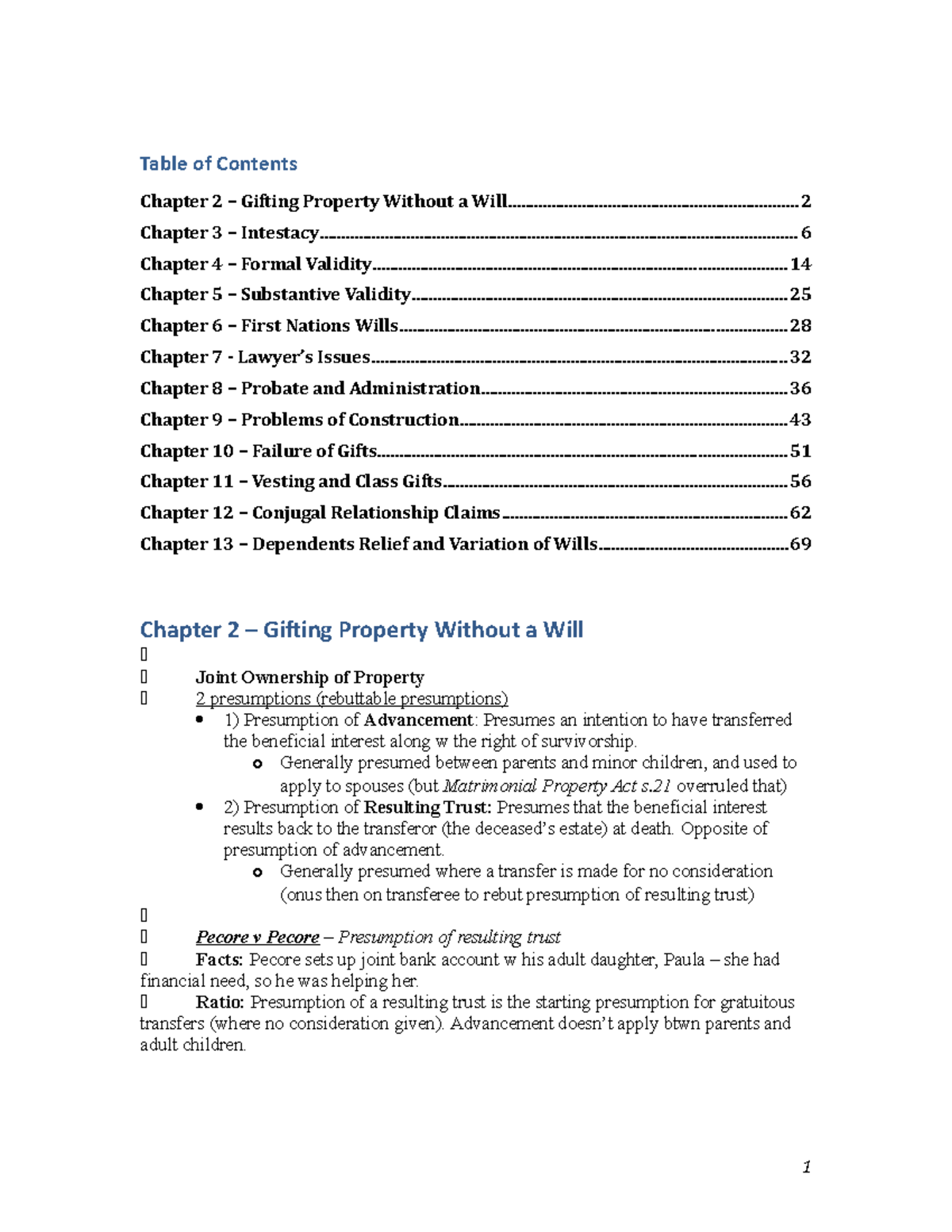 LAWS 2121 Succession Table of Contents Chapter 2 Gifting Property
