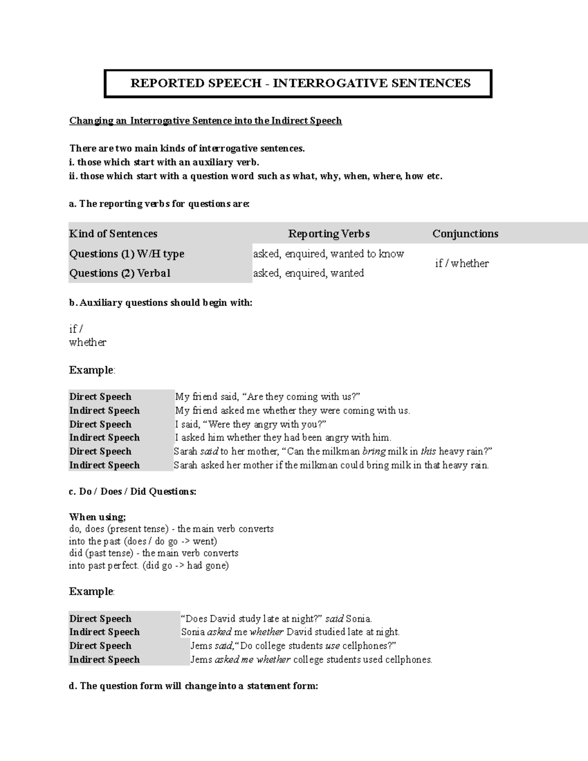 englishgrammar123 - REPORTED SPEECH - INTERROGATIVE SENTENCES Changing ...