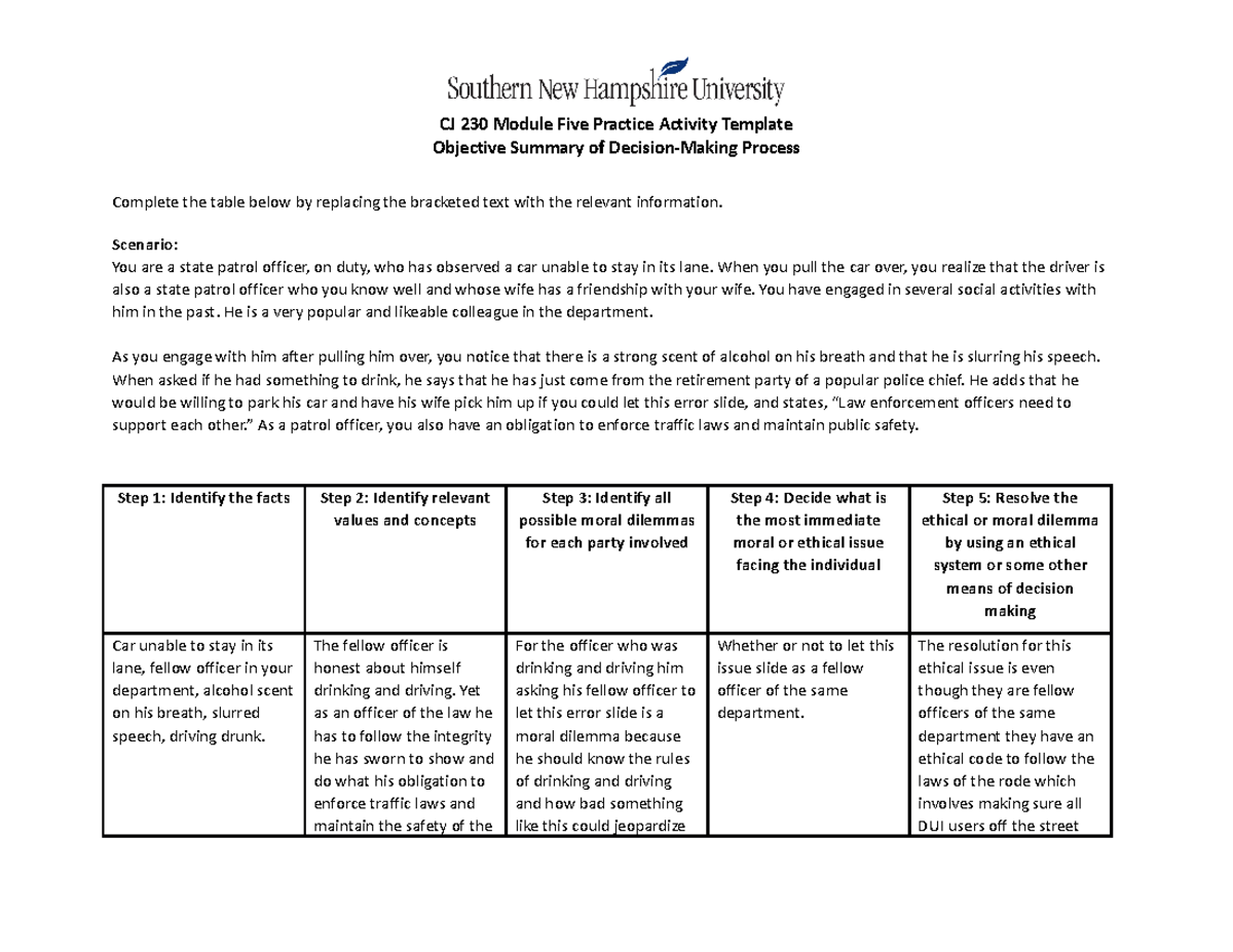 5-1 Practice Activity Objective Summary of Decision Making Process - CJ ...