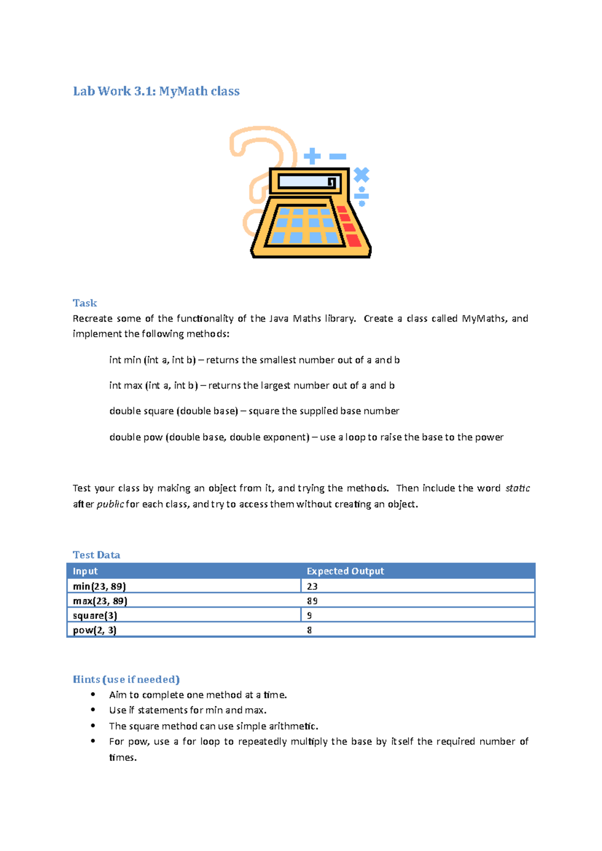 Lab Work 3 - Computer Science Work - Lab Work 3: MyMath class Task ...