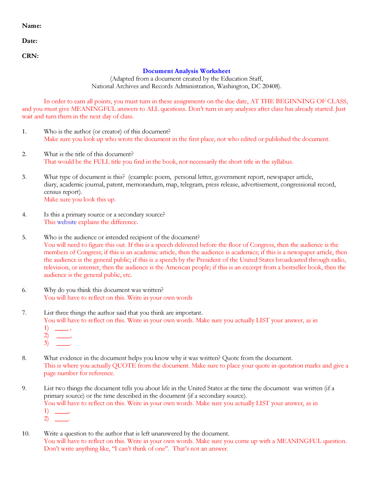 Guidelines - Document Analysis Worksheet - Name: Date: CRN Inside Written Document Analysis Worksheet Answers