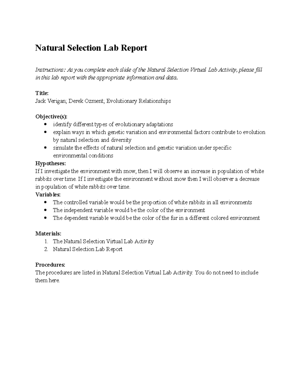 natural selection assignment lab report