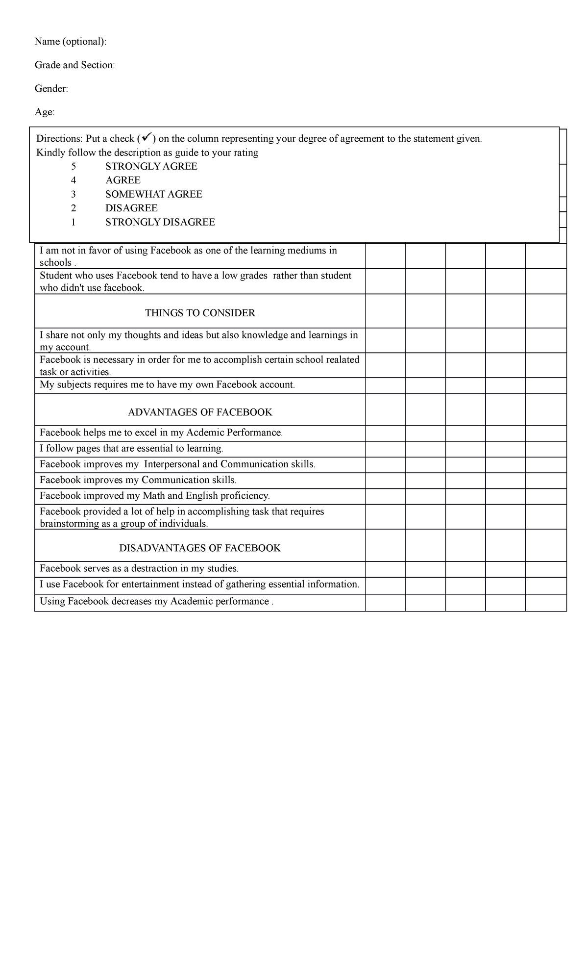 Likert- Scale - Name (optional): Grade and Section: Gender: Age ...