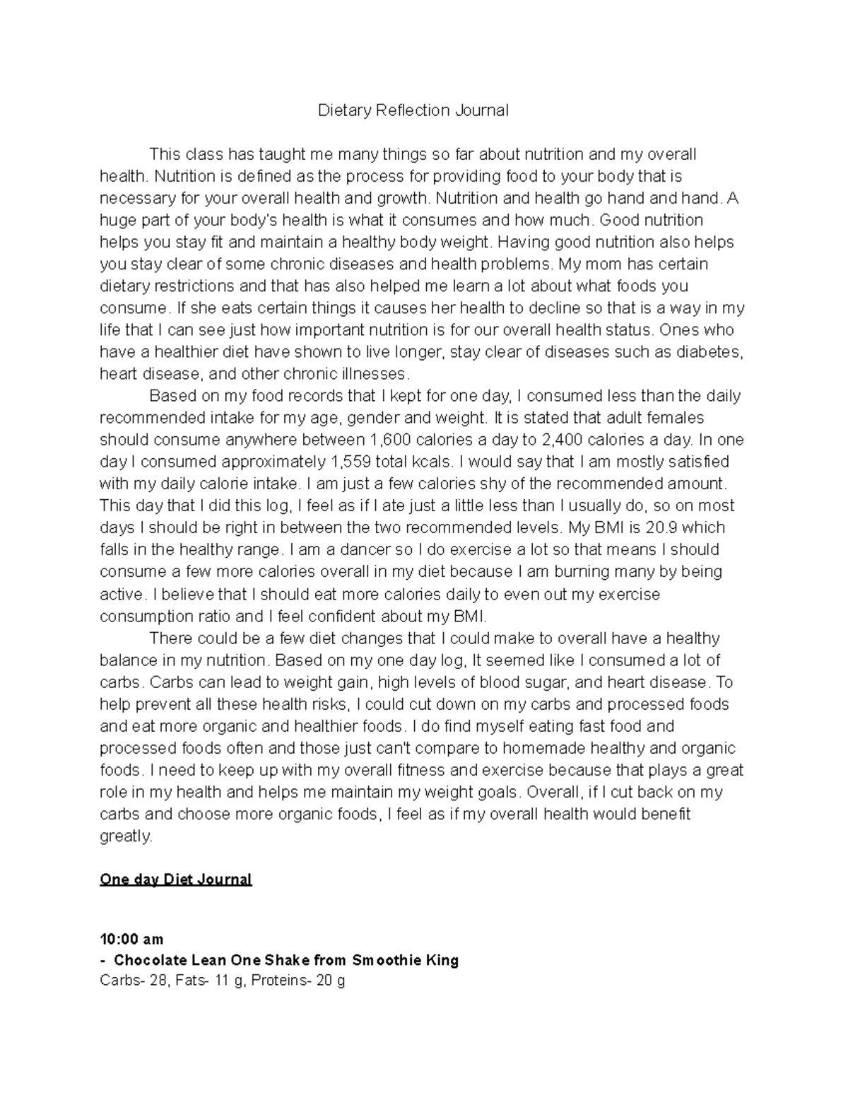 nutrition reflection essay